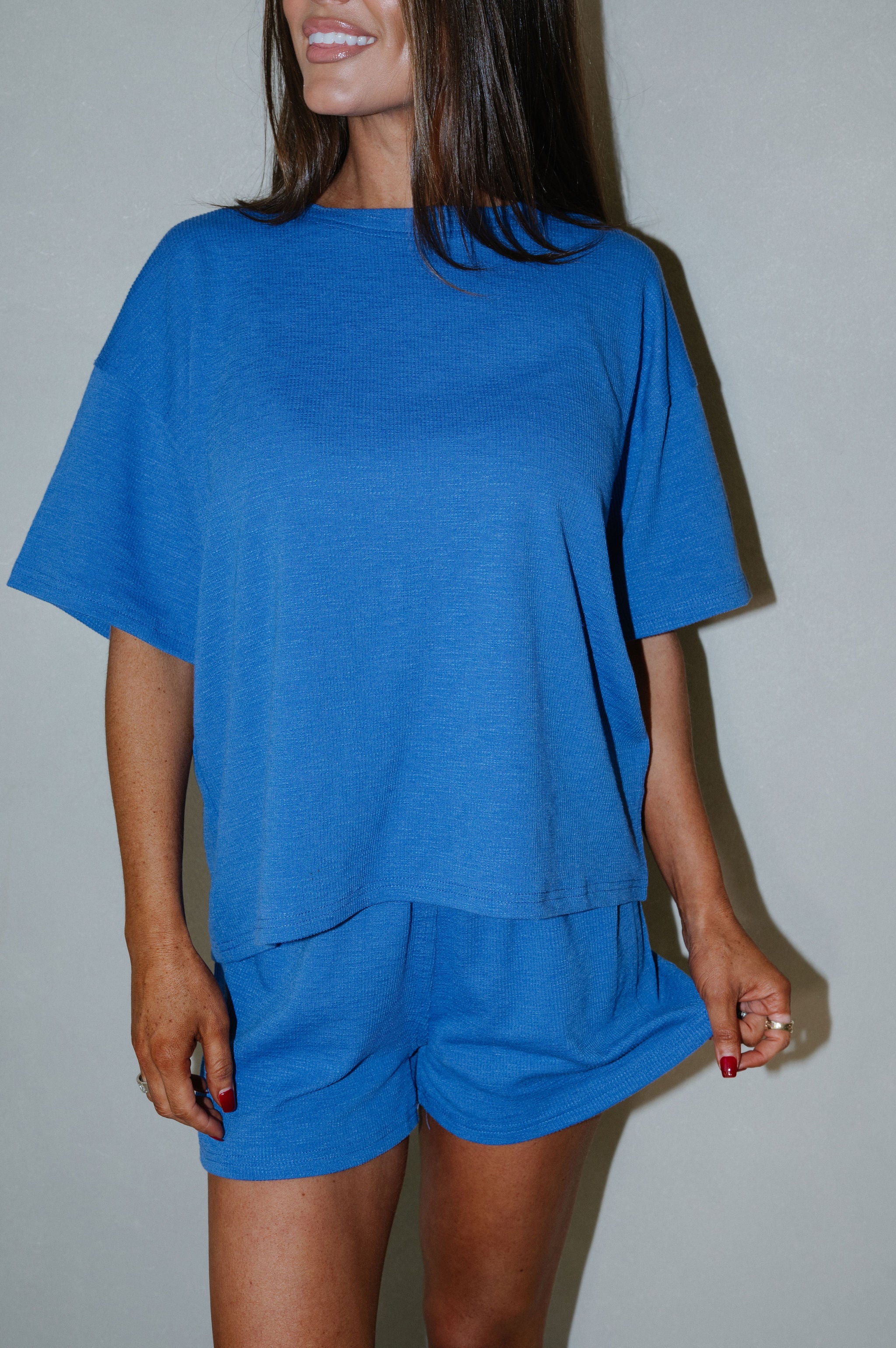 Lennon Textured Shorts Set-Cobalt Blue
