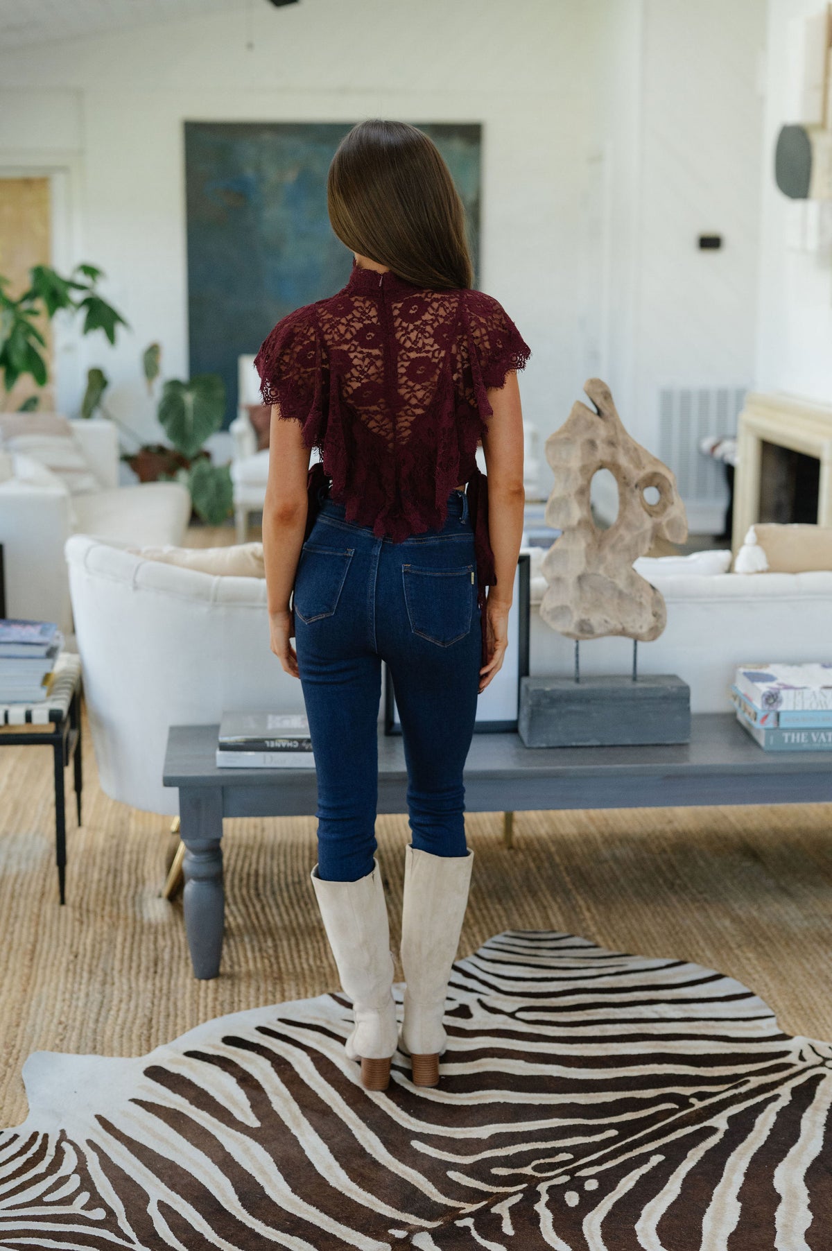 High Neck Ruffle Lace Top-Wine