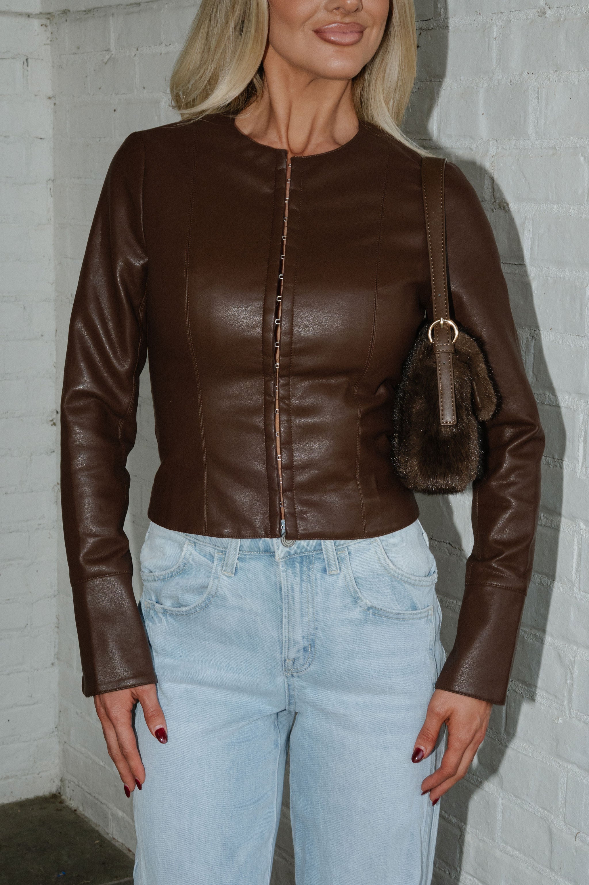 PETITE// Carrigan Faux Leather Top-Brown