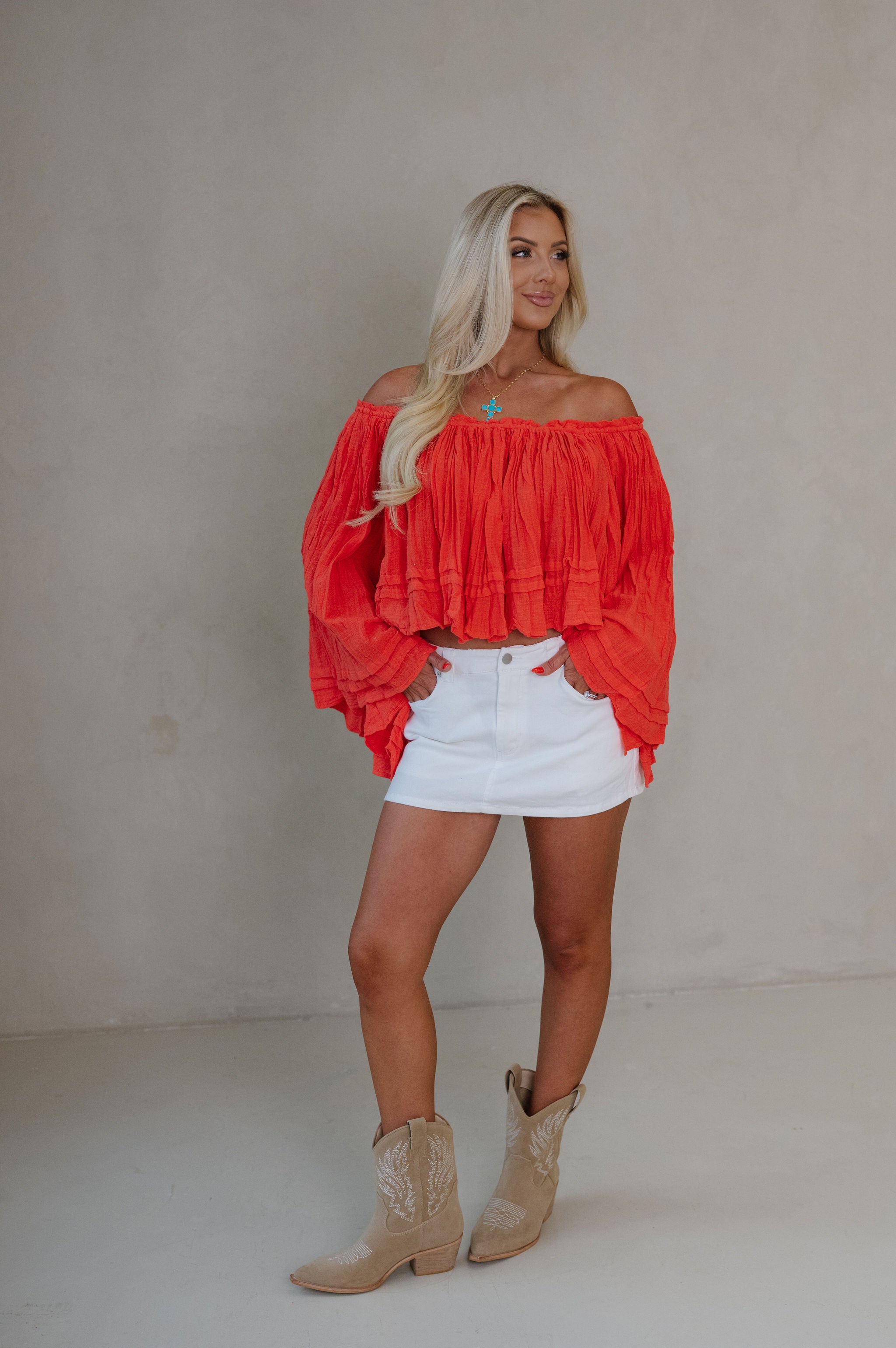 Ruth Woven Off The Shoulder Top-Red/Orange