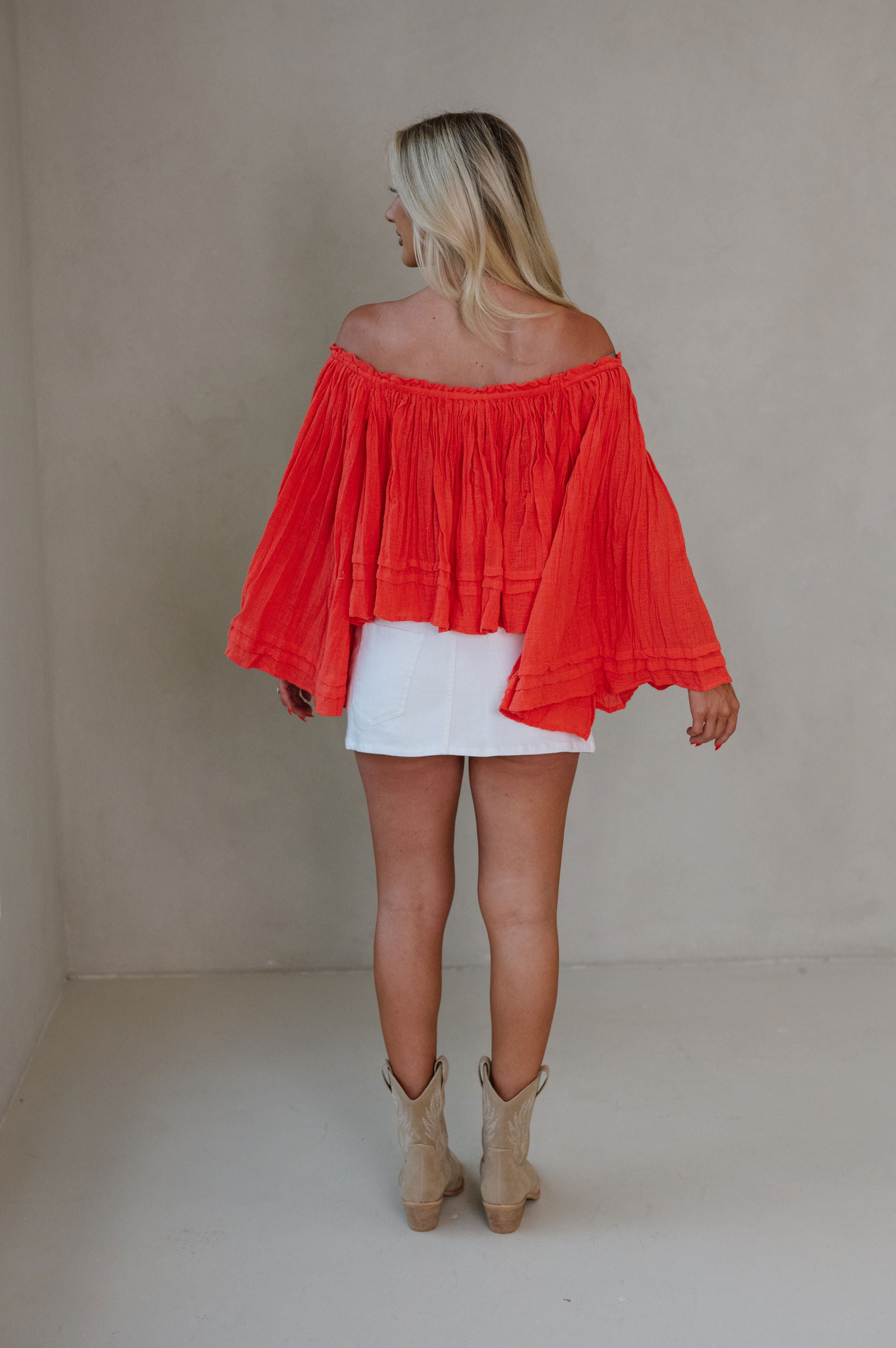 Ruth Woven Off The Shoulder Top-Red/Orange