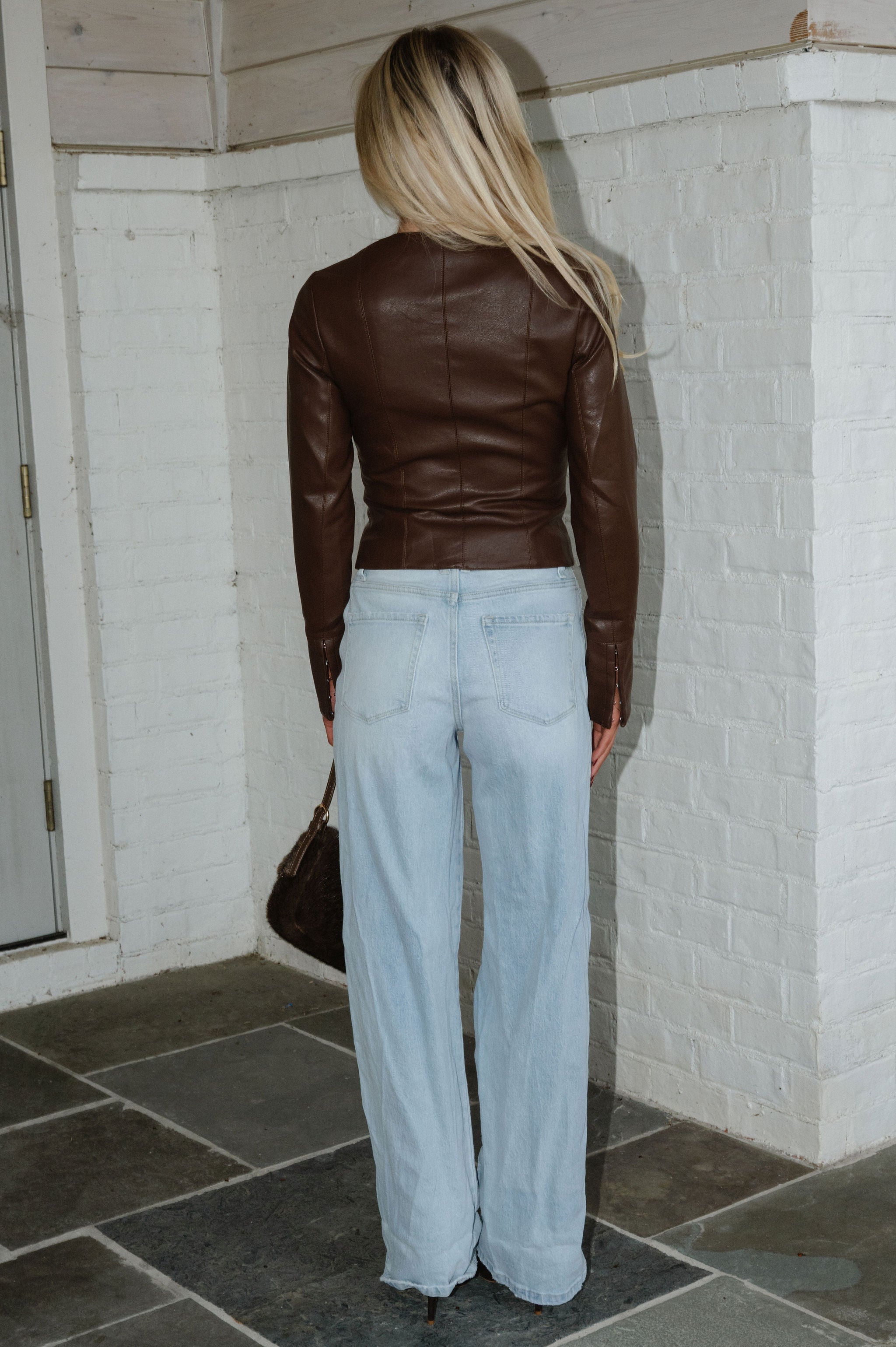 PETITE// Carrigan Faux Leather Top-Brown