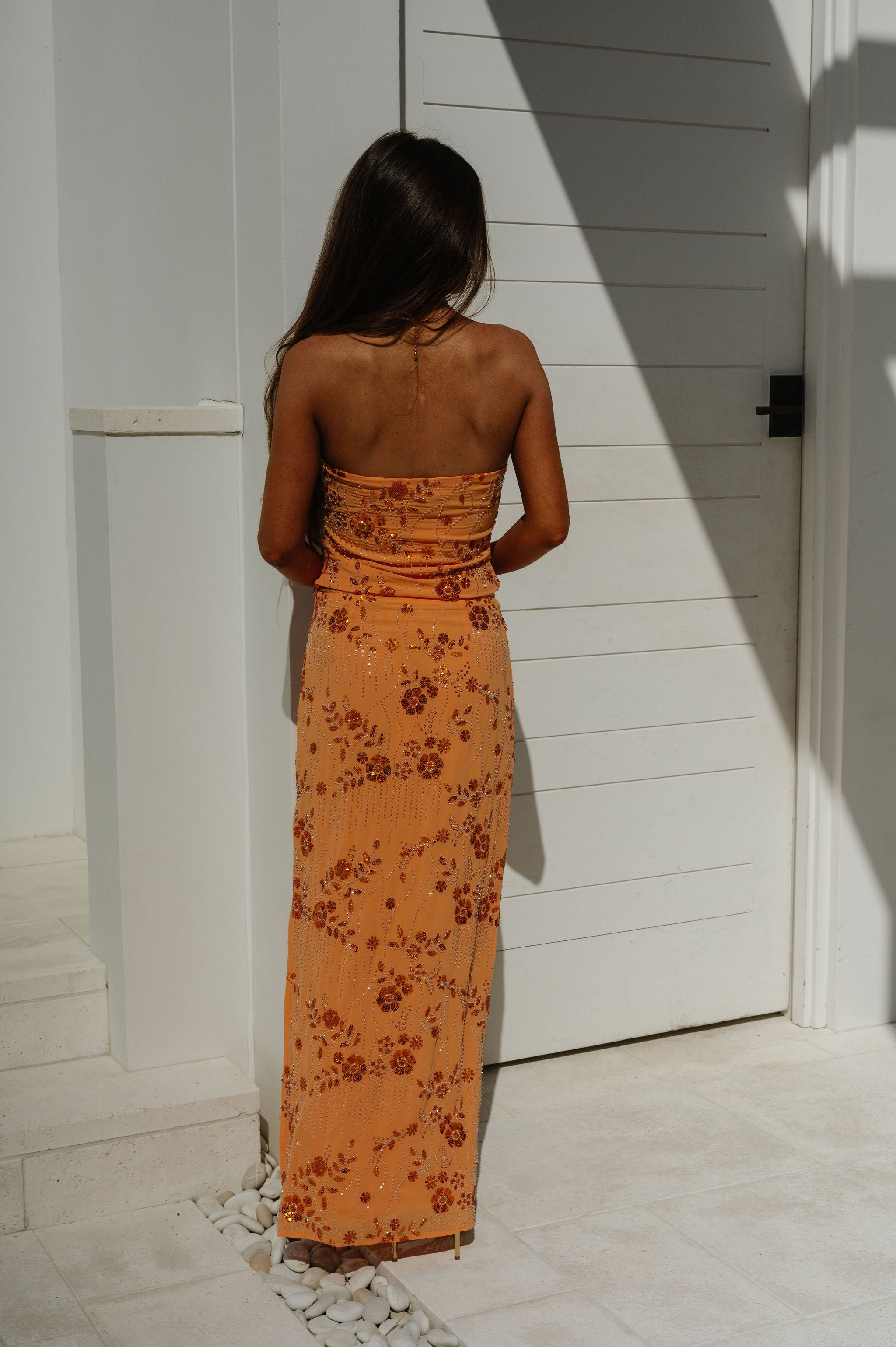 Beaded Sequin Skirt Set-Orange