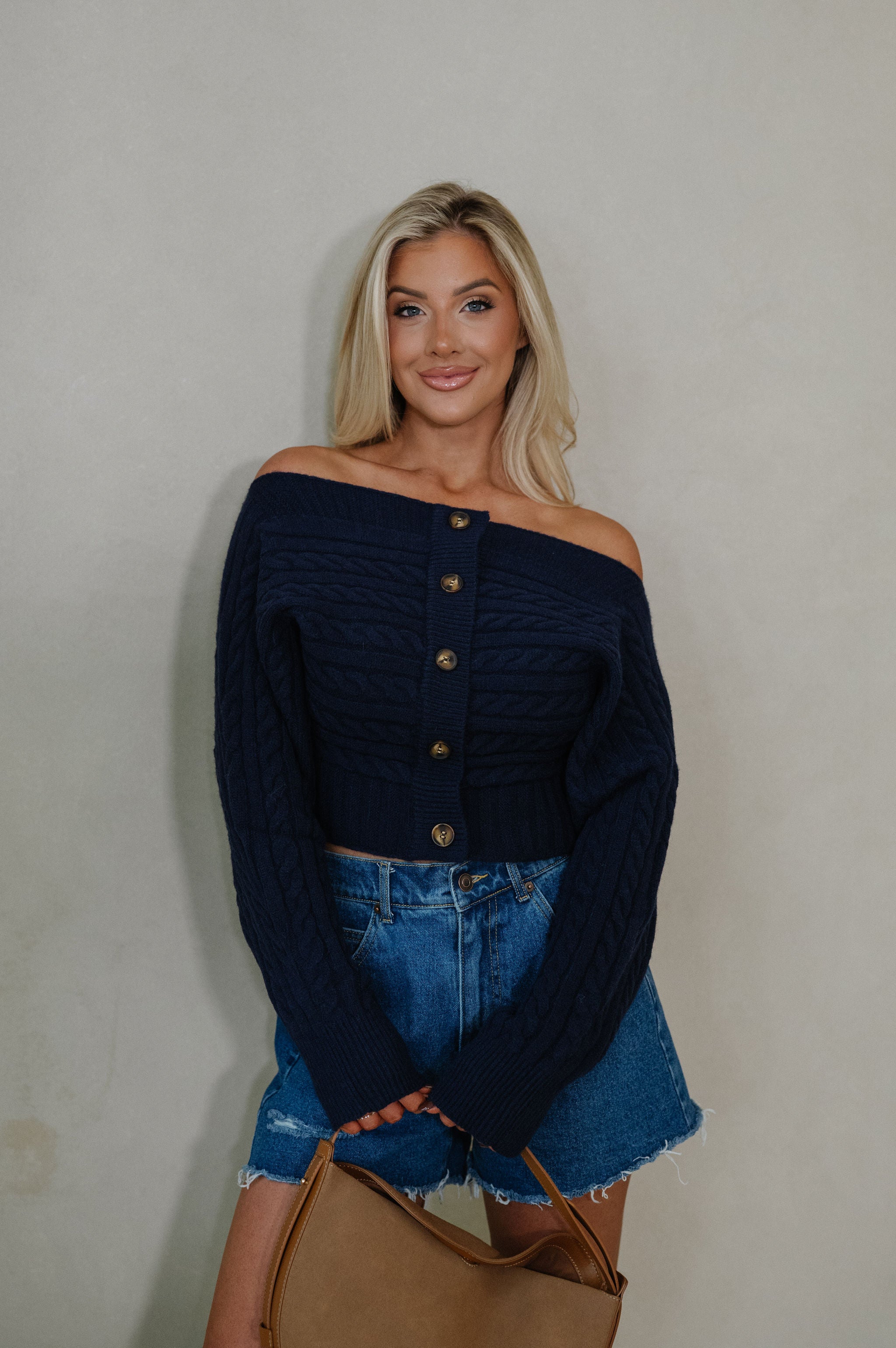 OTS Button Down Sweater Top-Navy