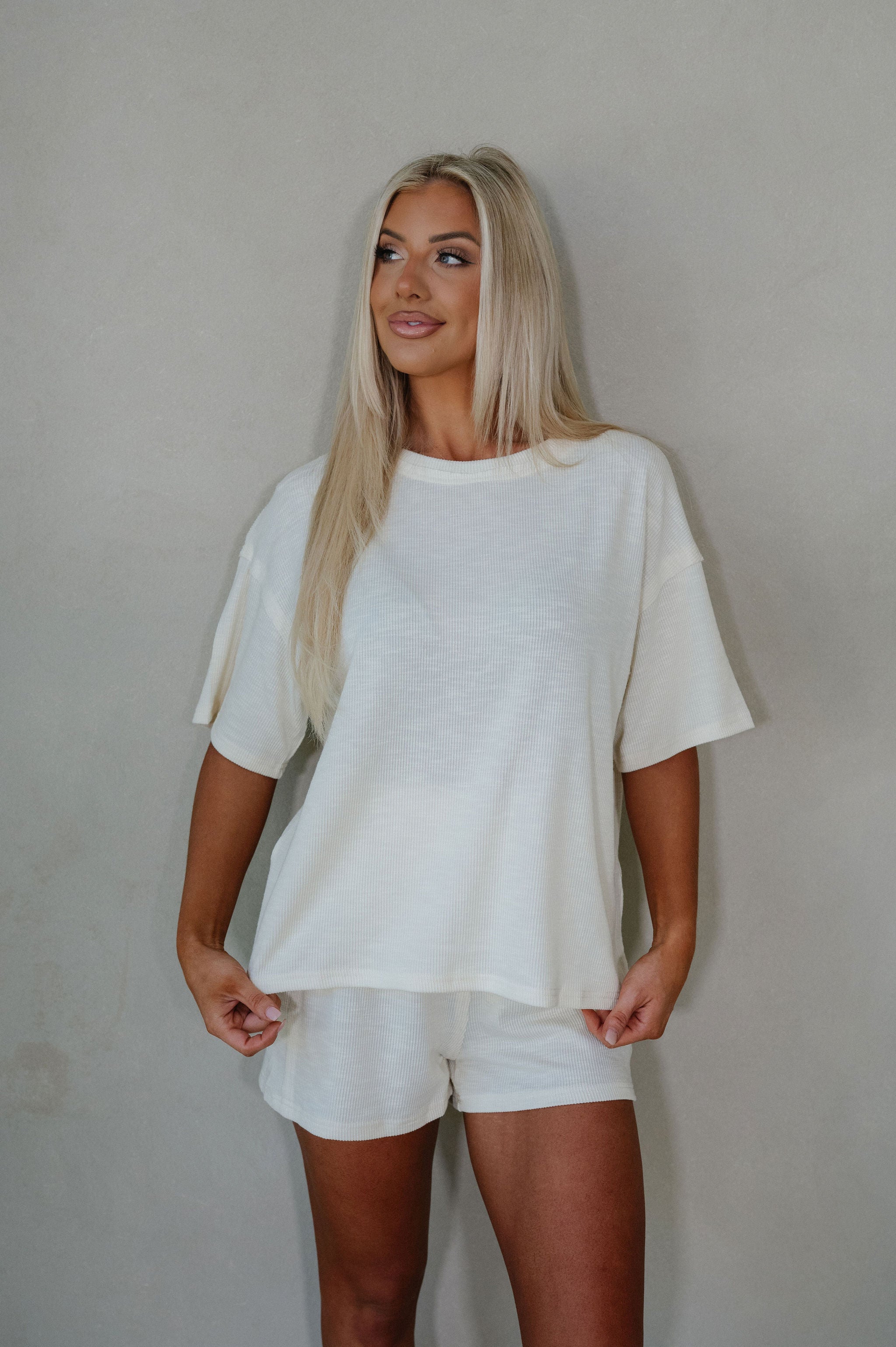 Lennon Textured Shorts Set-Cream