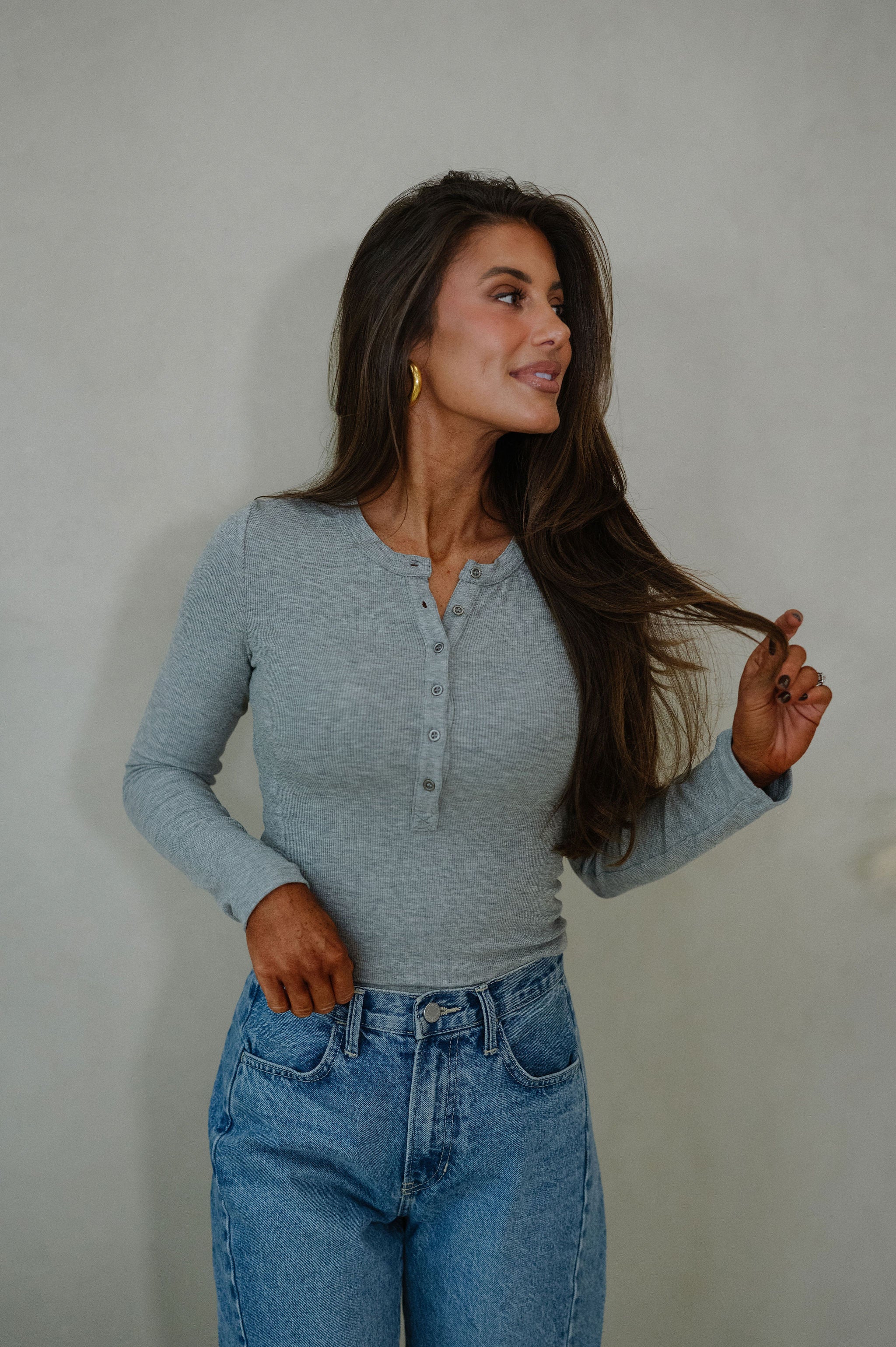 Lucy Ribbed Henley-Heather Grey