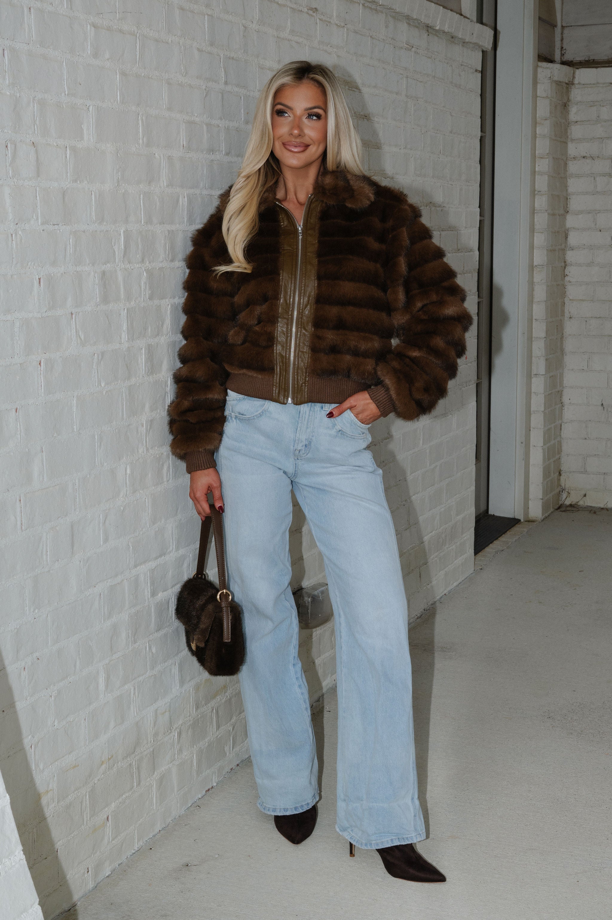 Ellen Faux Fur Bomber Jacket-Brown