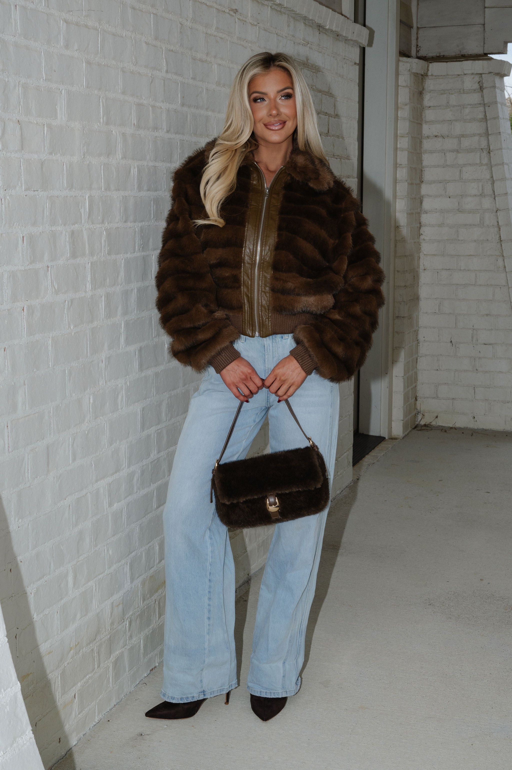 Ellen Faux Fur Bomber Jacket-Brown