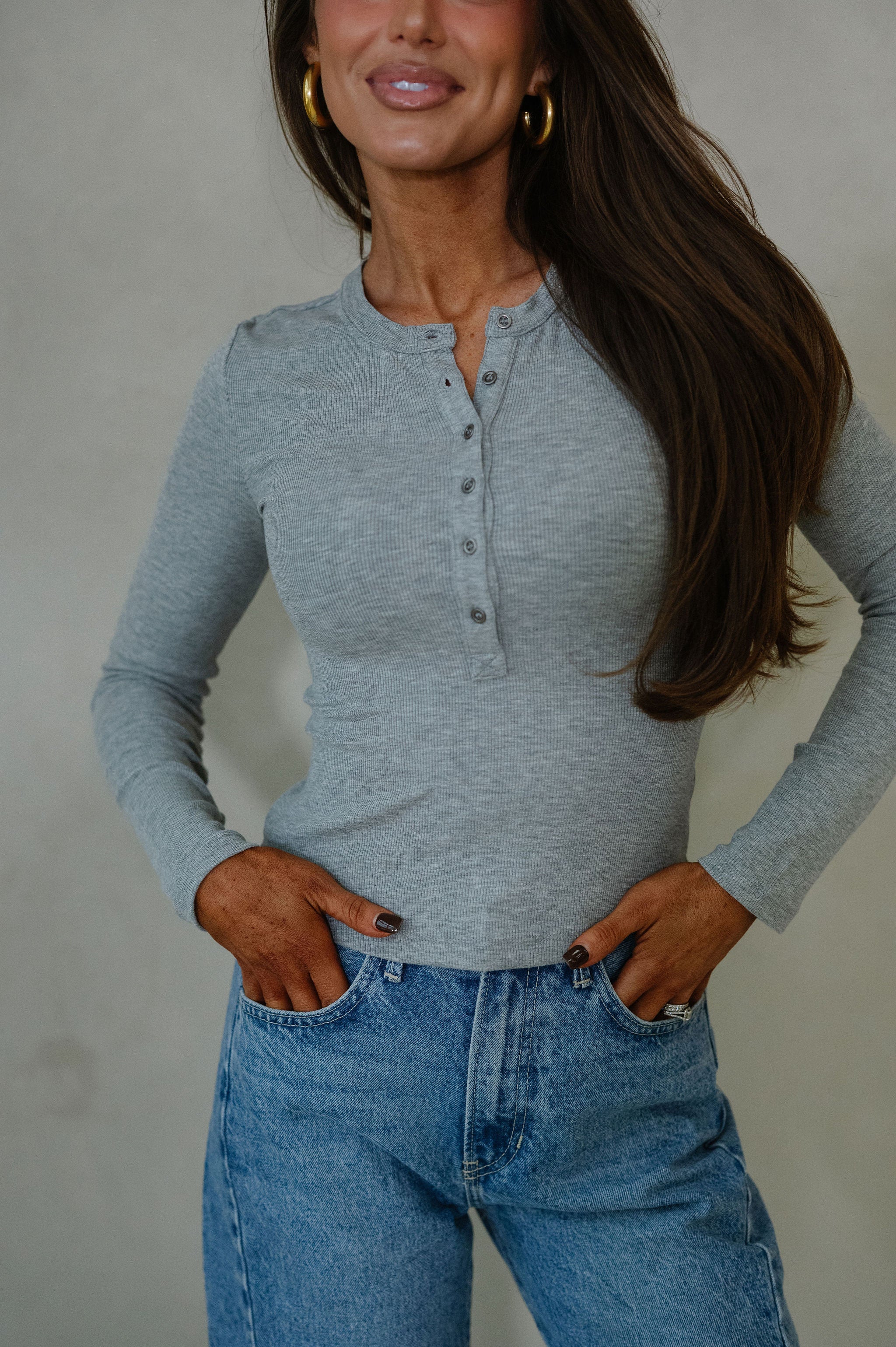 Lucy Ribbed Henley-Heather Grey