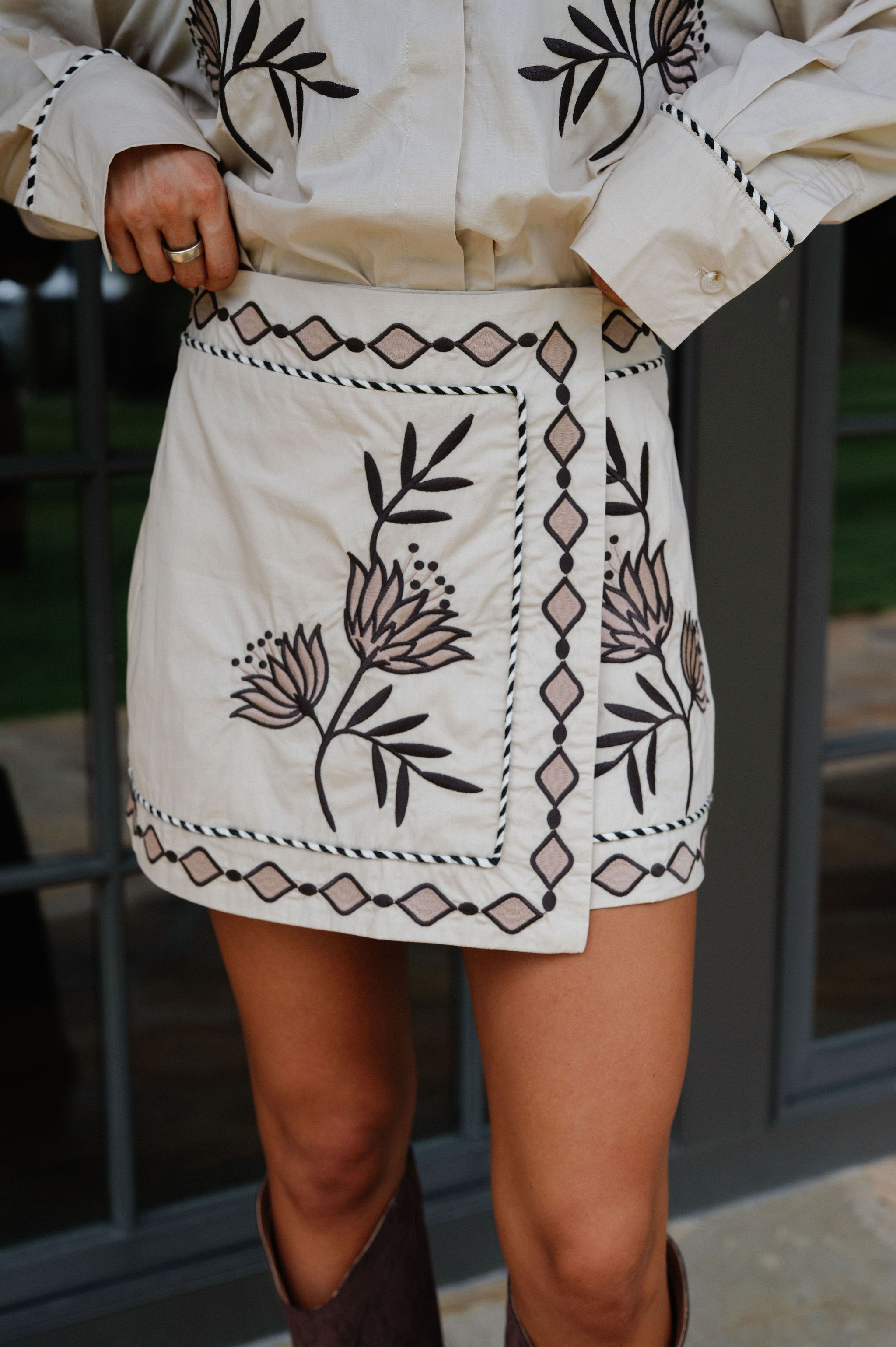 Nelson Embroidered Skirt Set-Taupe