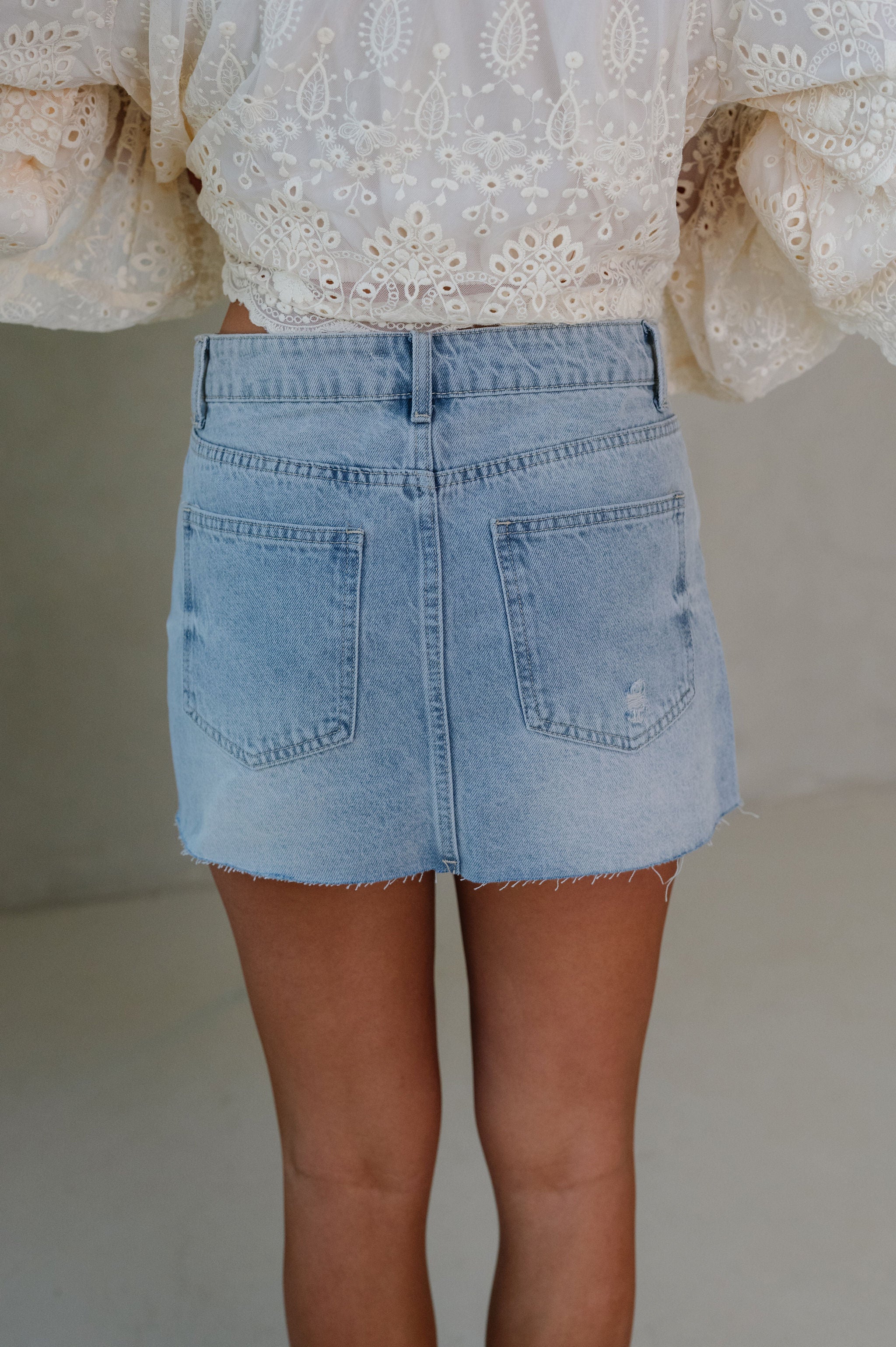 Jane Distressed Mini Skirt-Light Denim