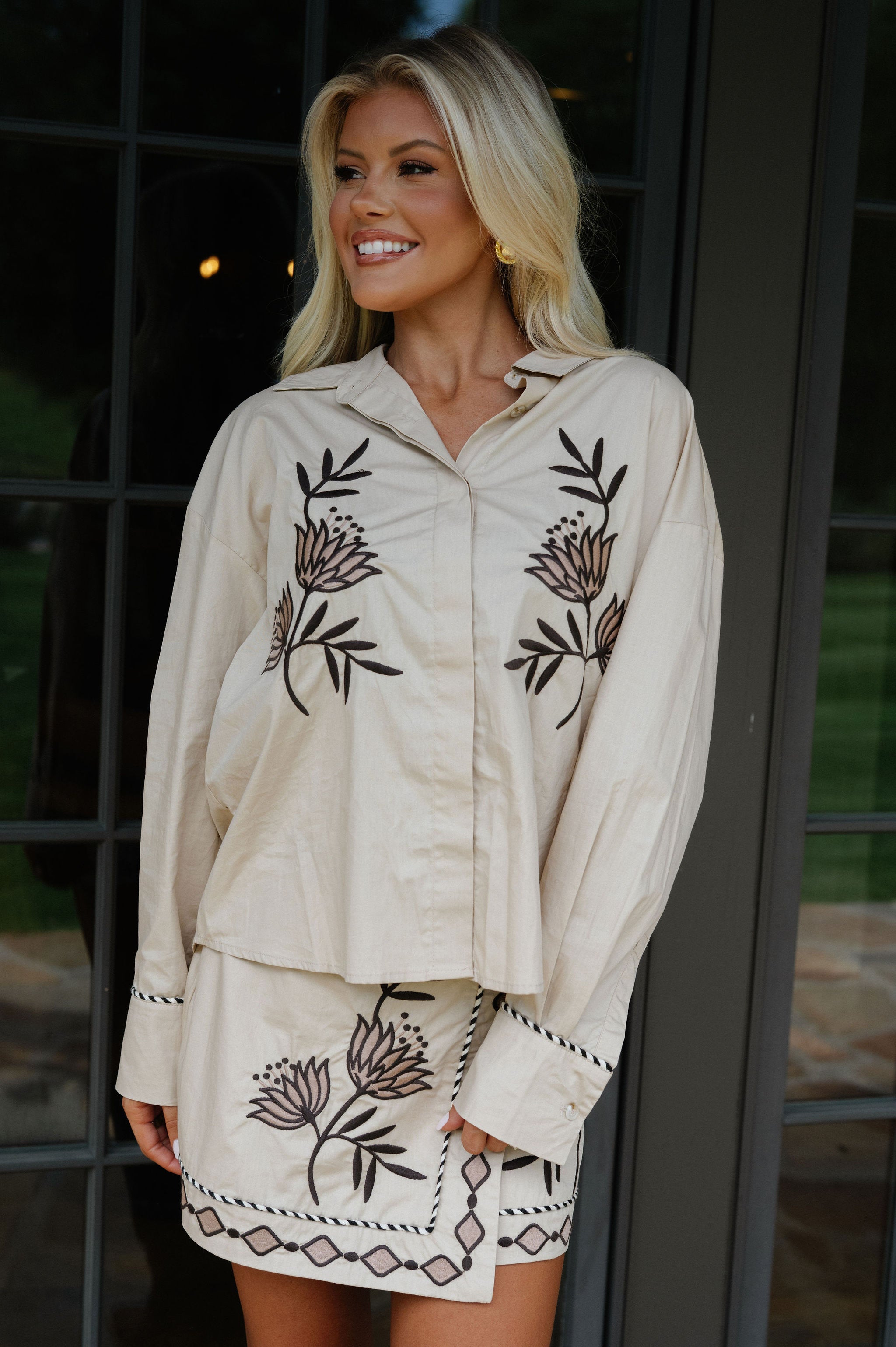Nelson Embroidered Skirt Set-Taupe