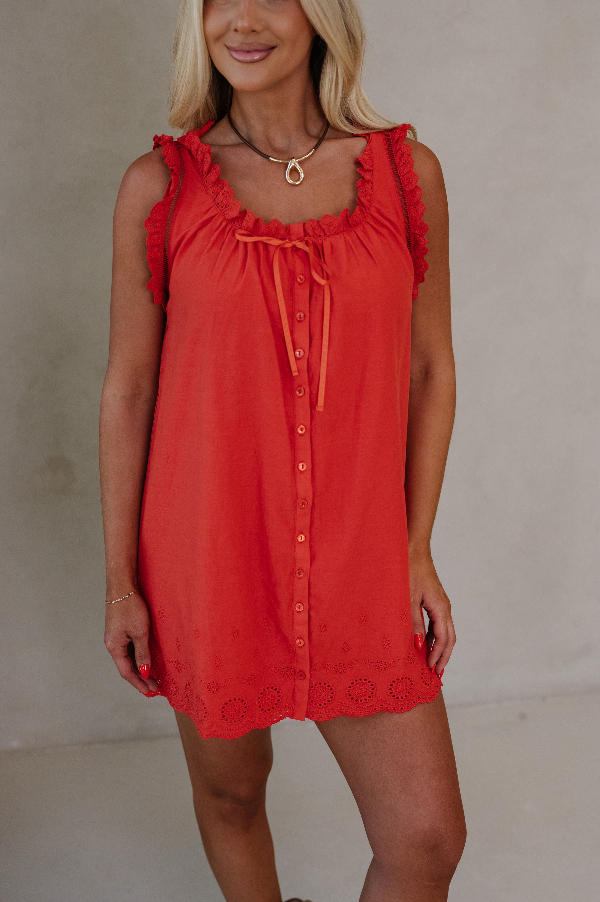 Daisy Scalloped Lace Mini Dress-Red