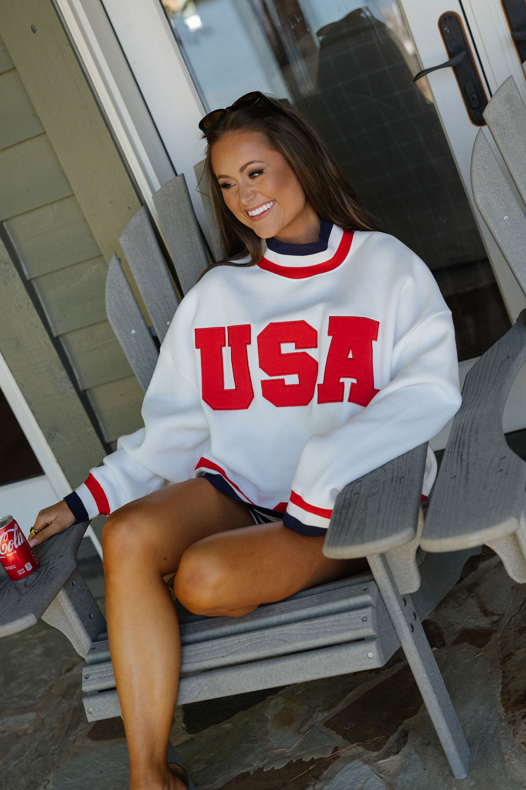 "USA" Contrast Trim Crewneck-White