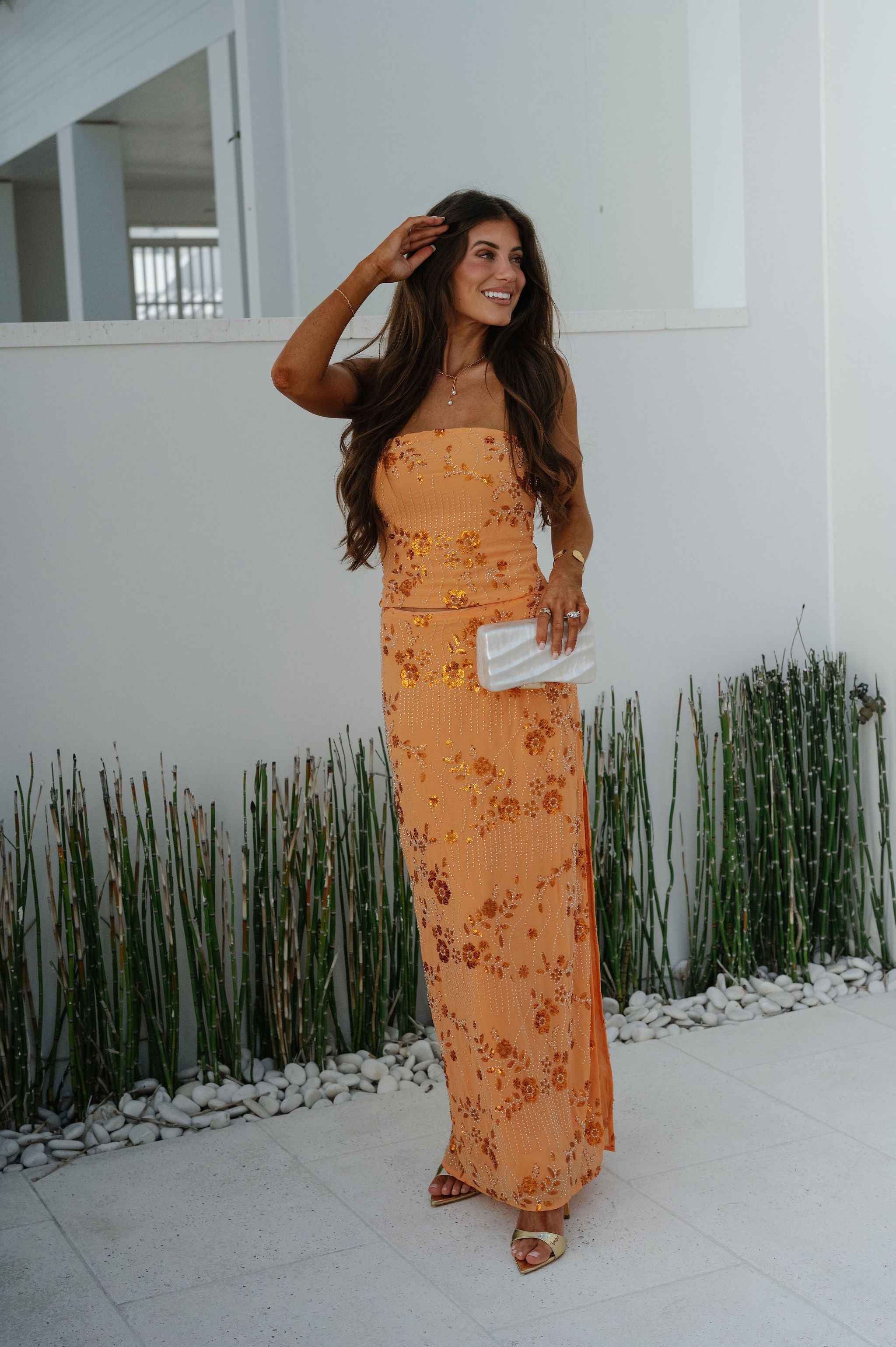 Beaded Sequin Skirt Set-Orange