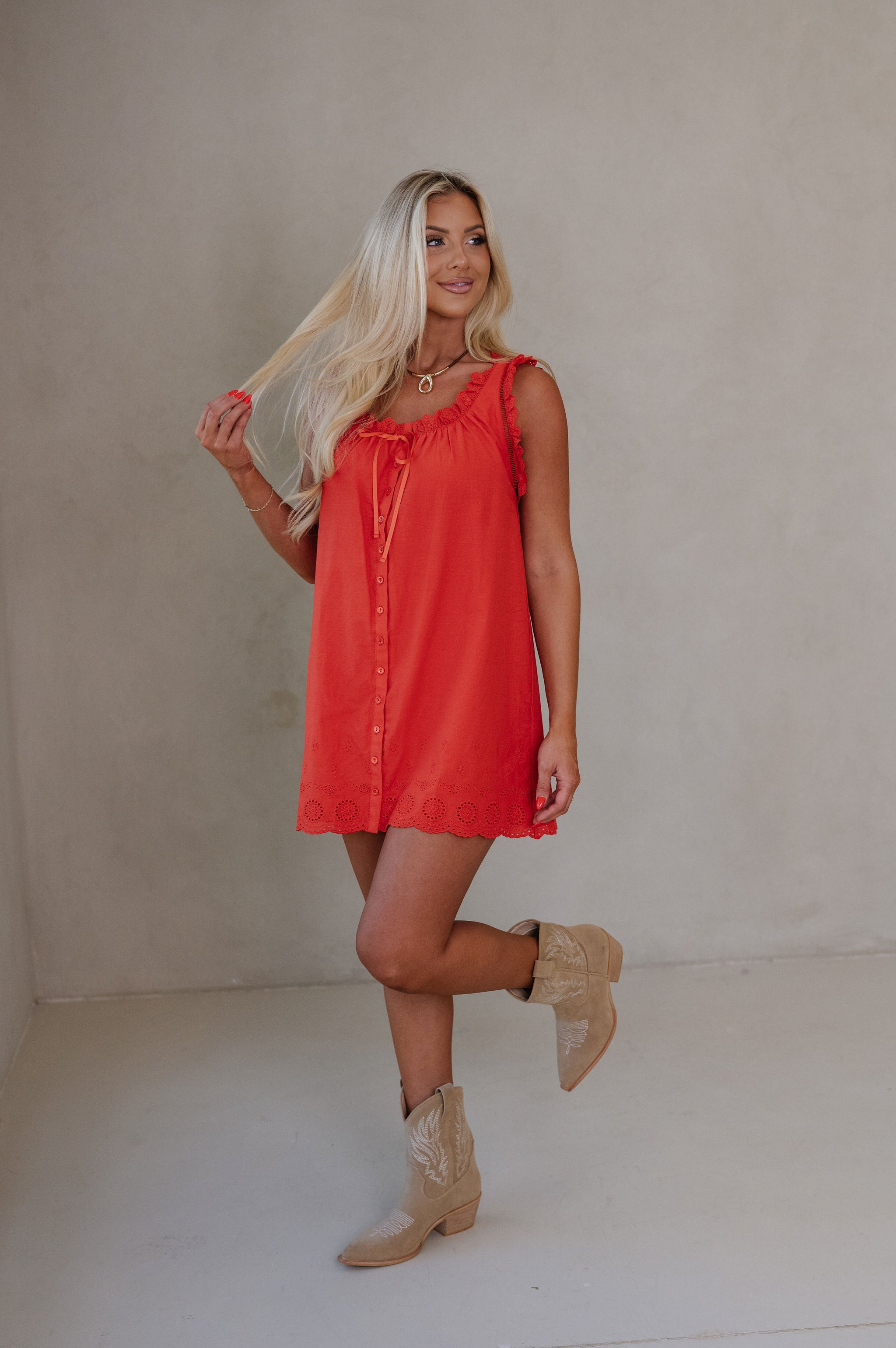 Daisy Scalloped Lace Mini Dress-Red