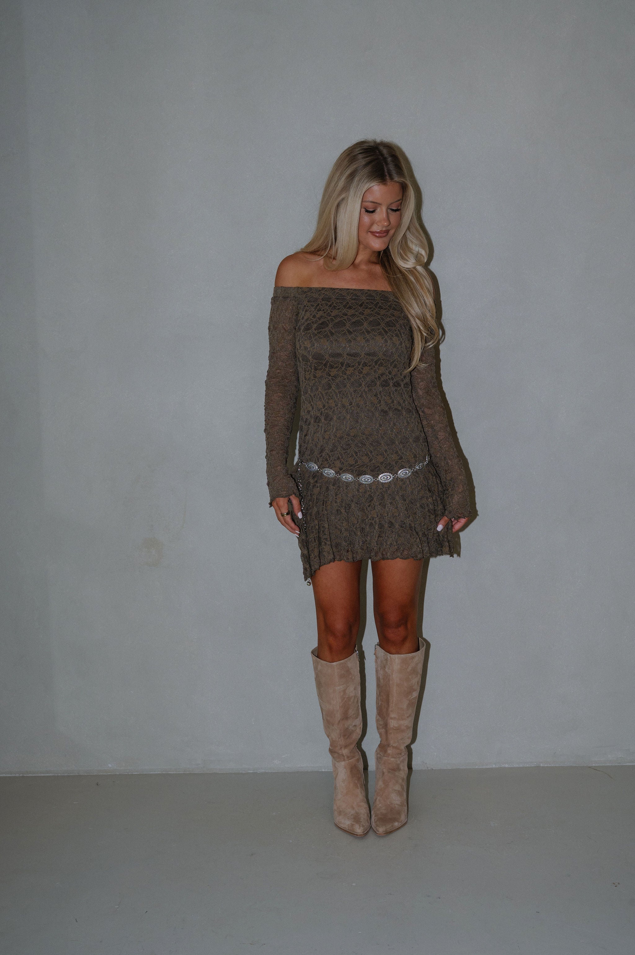 Off the Shoulder Lace Dress-Olive