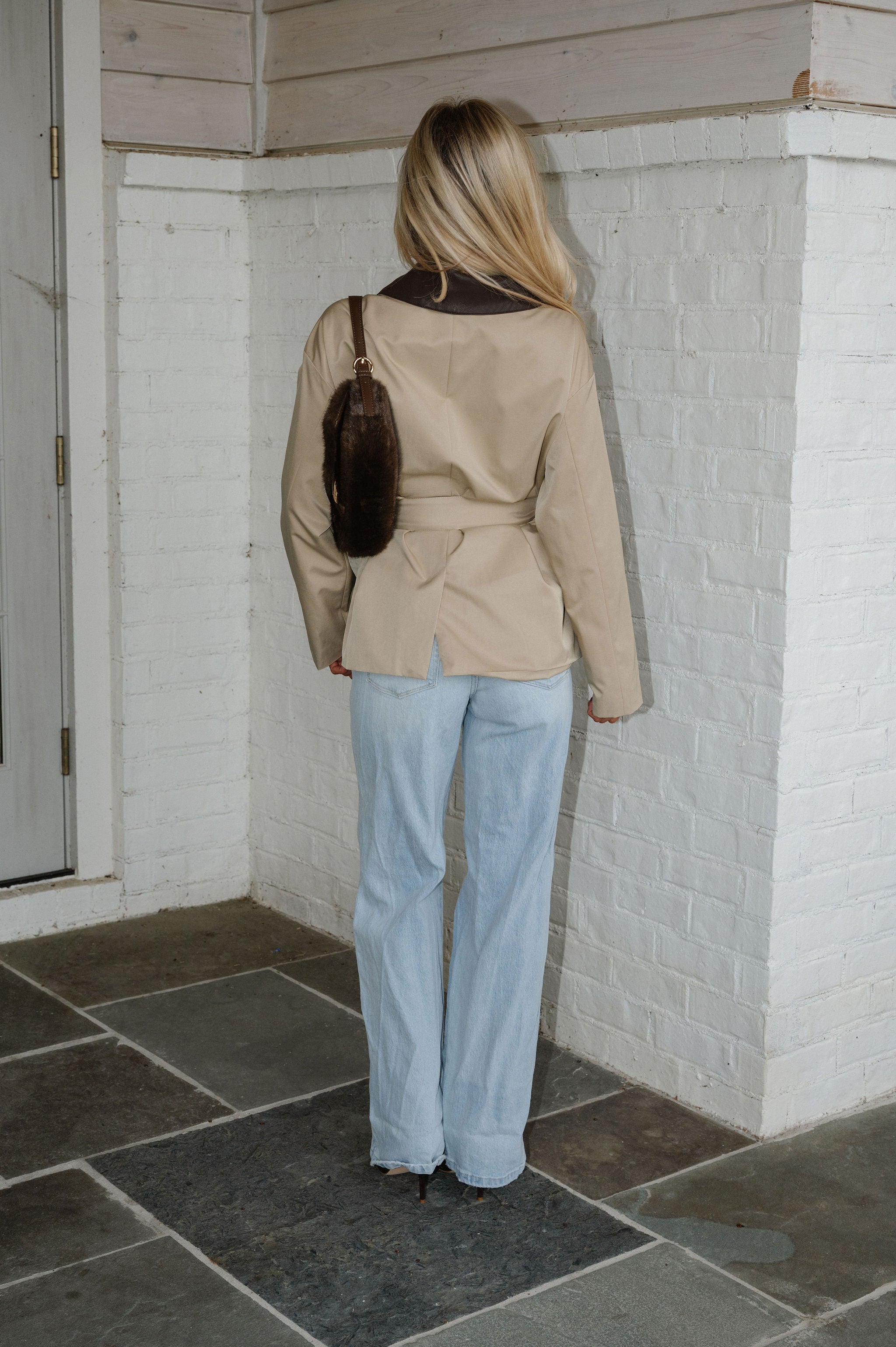 Daisy Faux Leather Trim Jacket-Beige