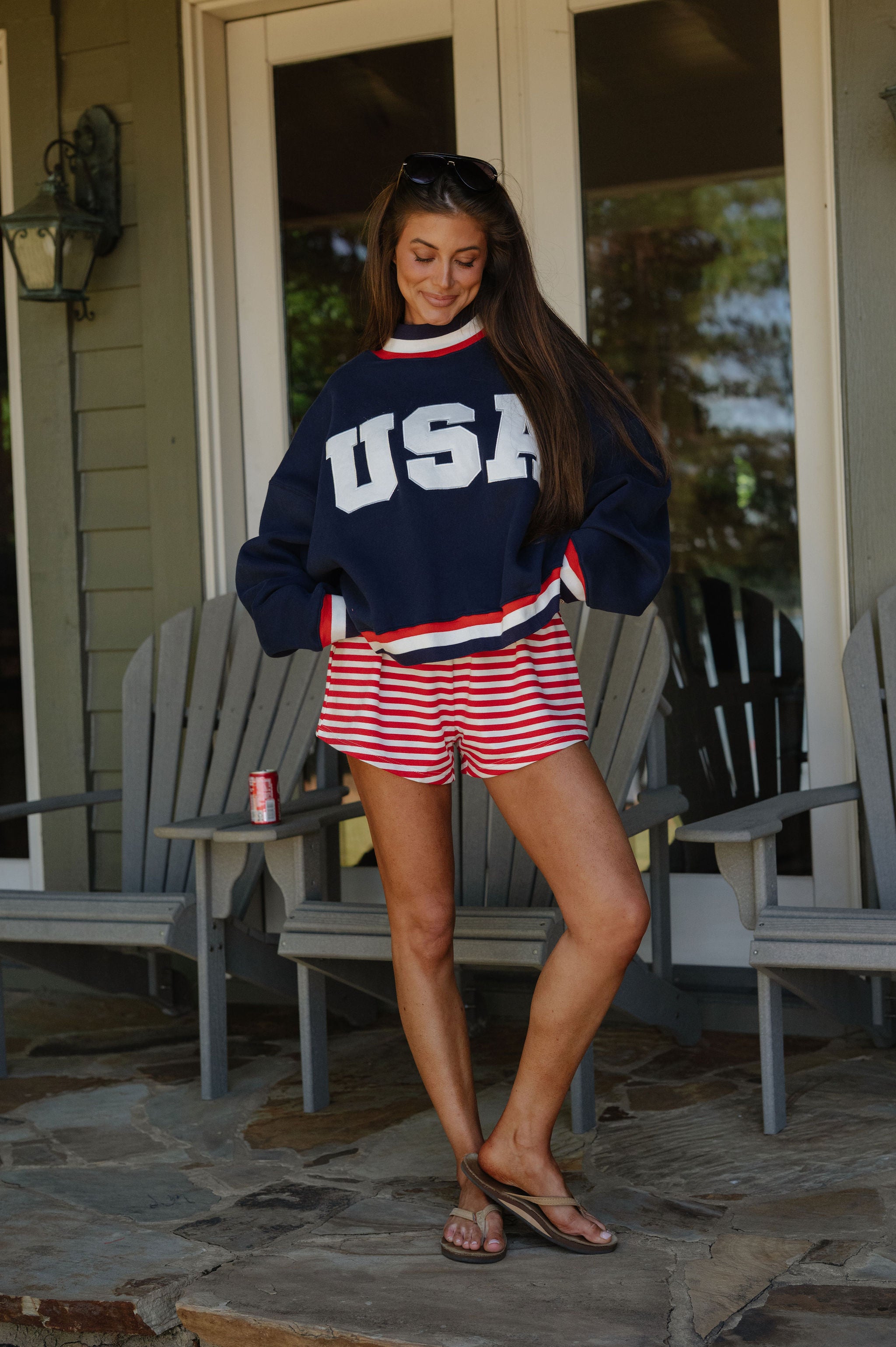 "USA" Contrast Trim Crewneck-Navy