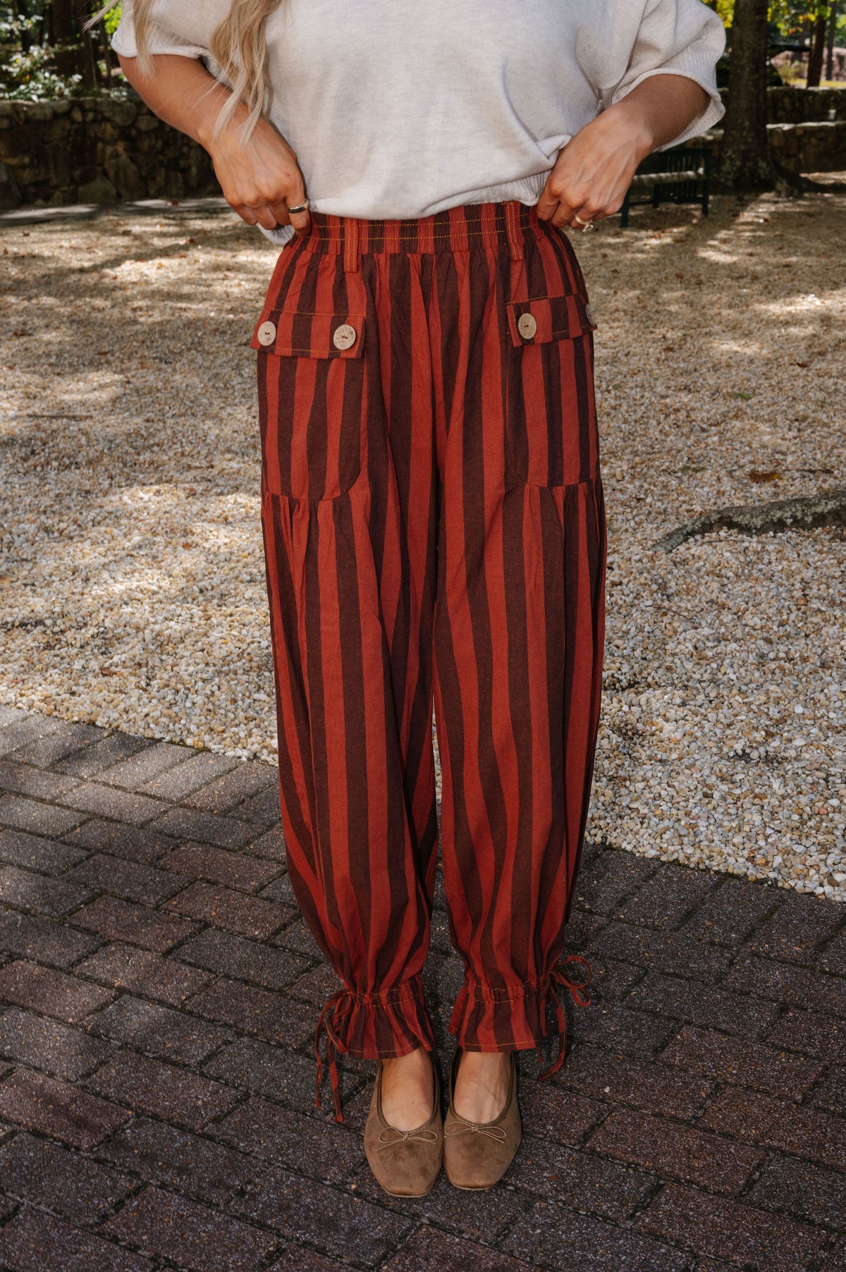 Hazel Striped Adjustable Leg Pants-Rust
