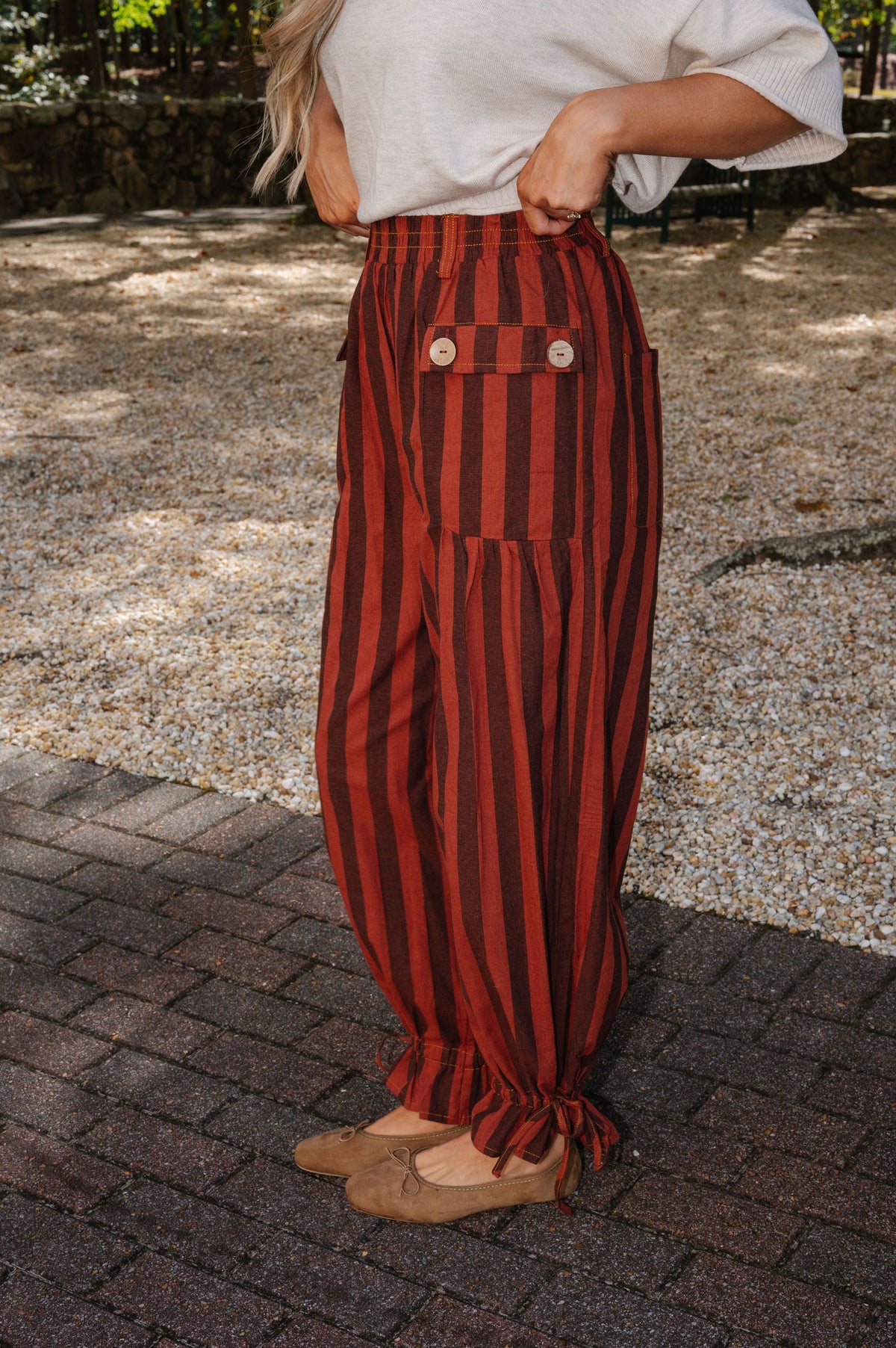 Hazel Striped Adjustable Leg Pants-Rust