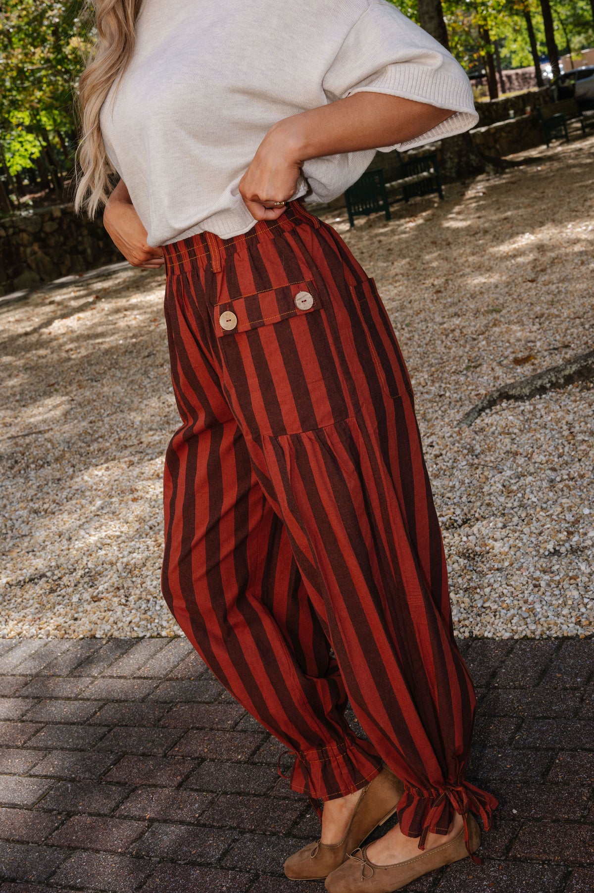 Hazel Striped Adjustable Leg Pants-Rust