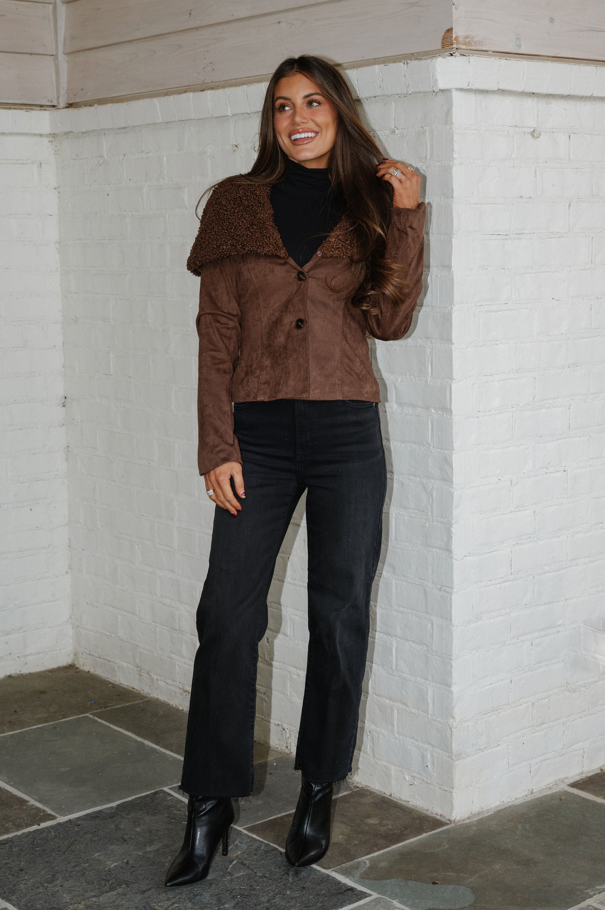 Faux Fur Collar Suede Jacket-Brown
