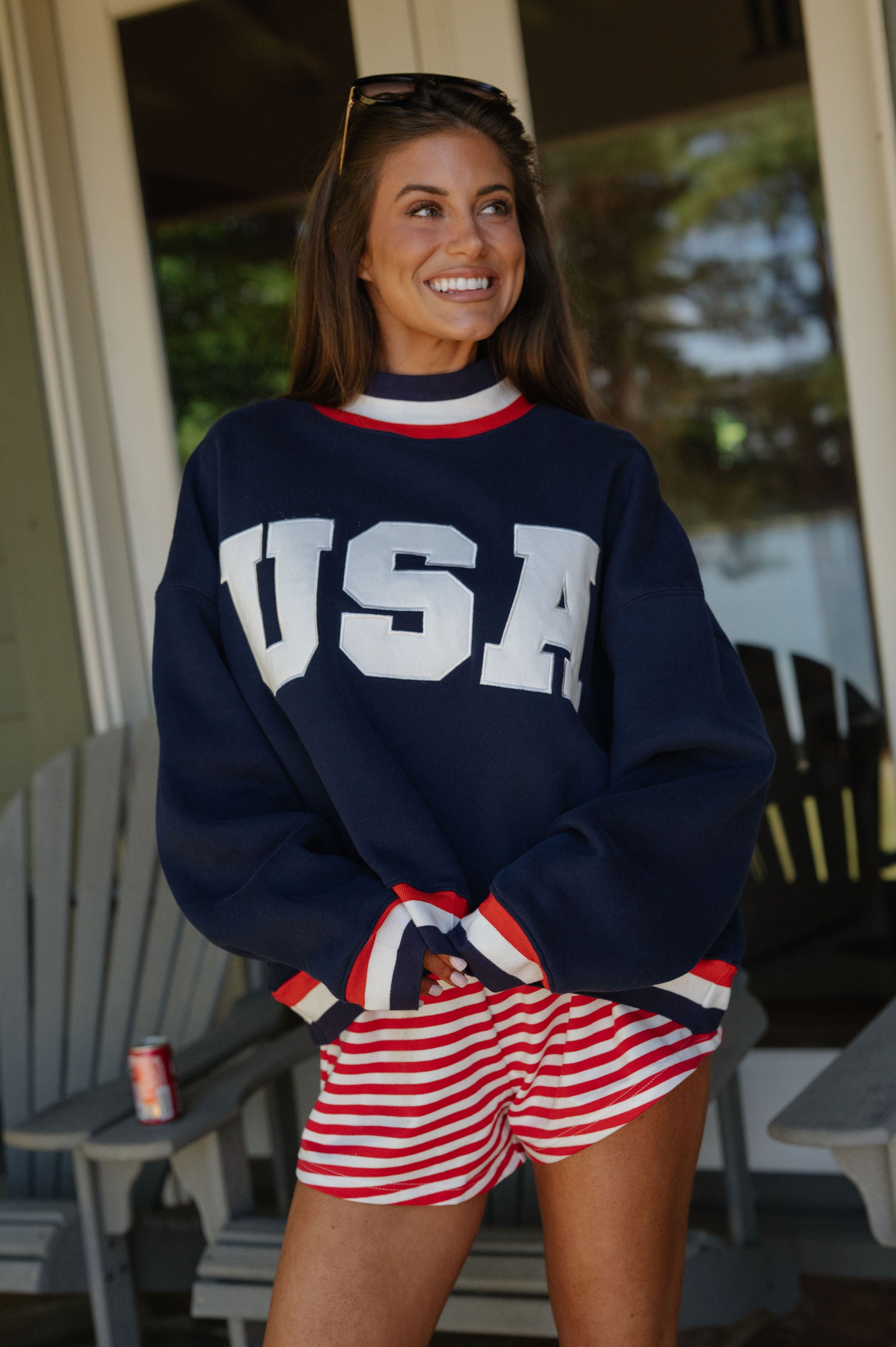 "USA" Contrast Trim Crewneck-Navy