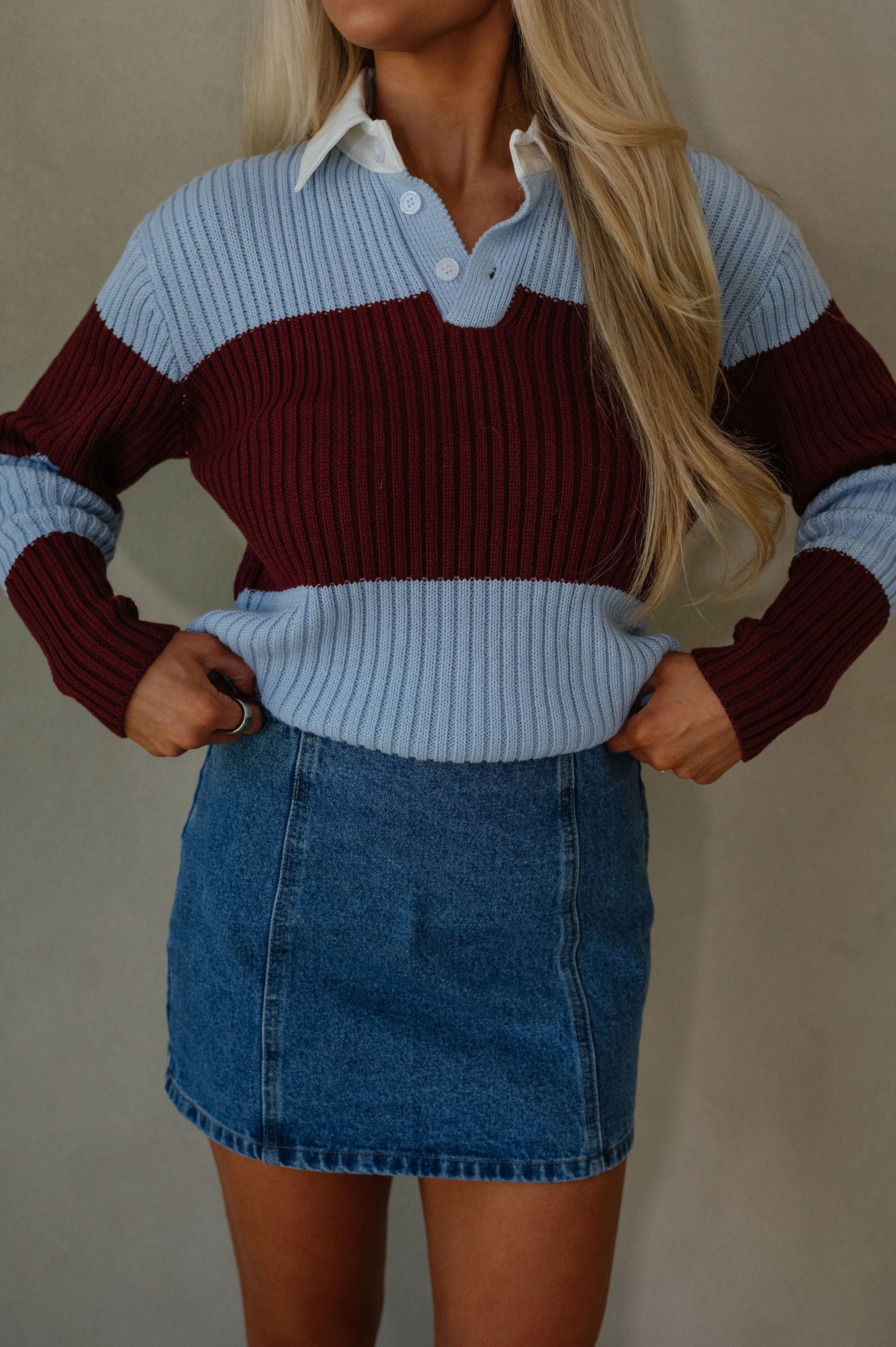 Wide Stripe Collared Sweater- Sky Blue
