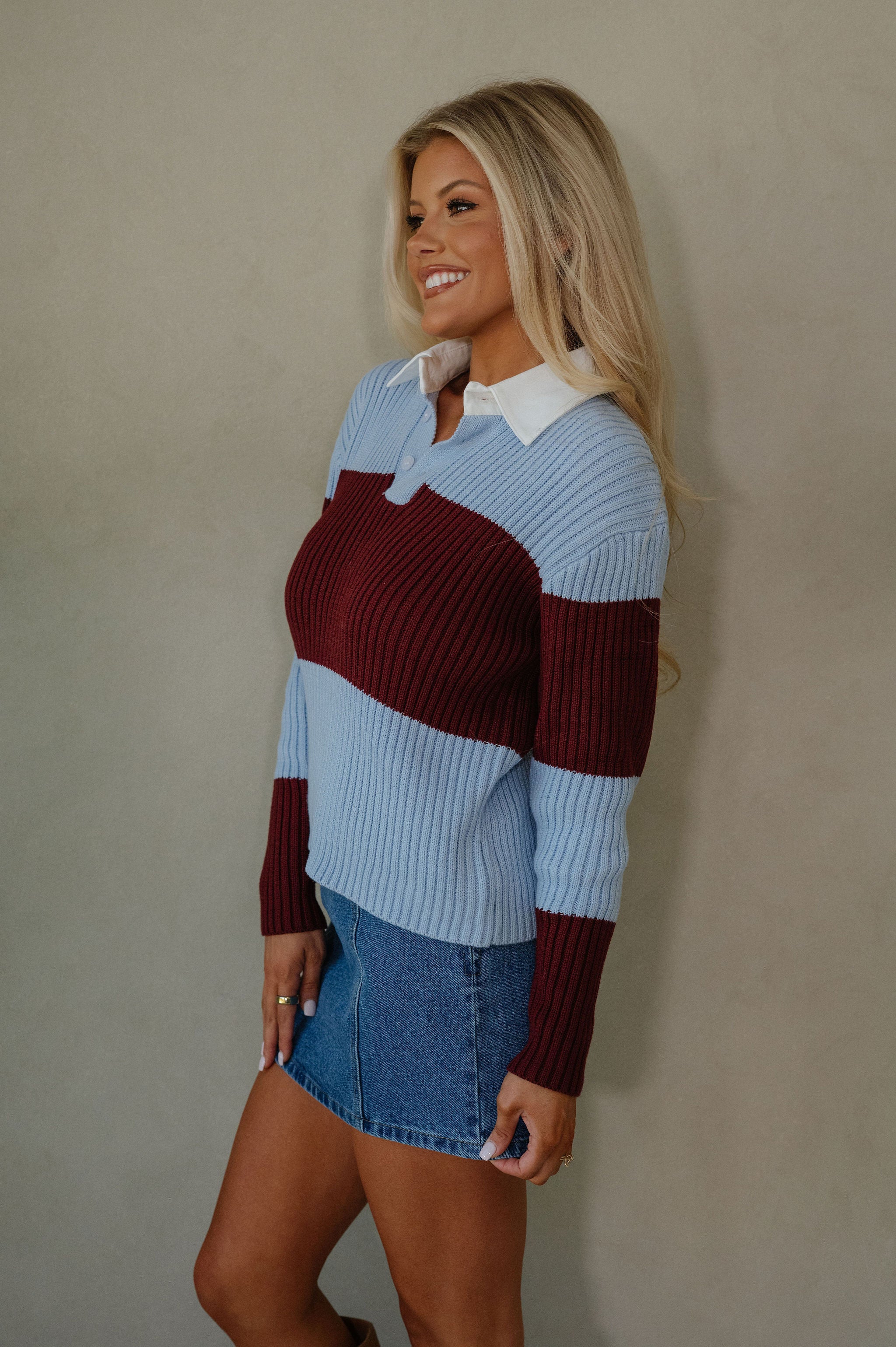 Wide Stripe Collared Sweater- Sky Blue