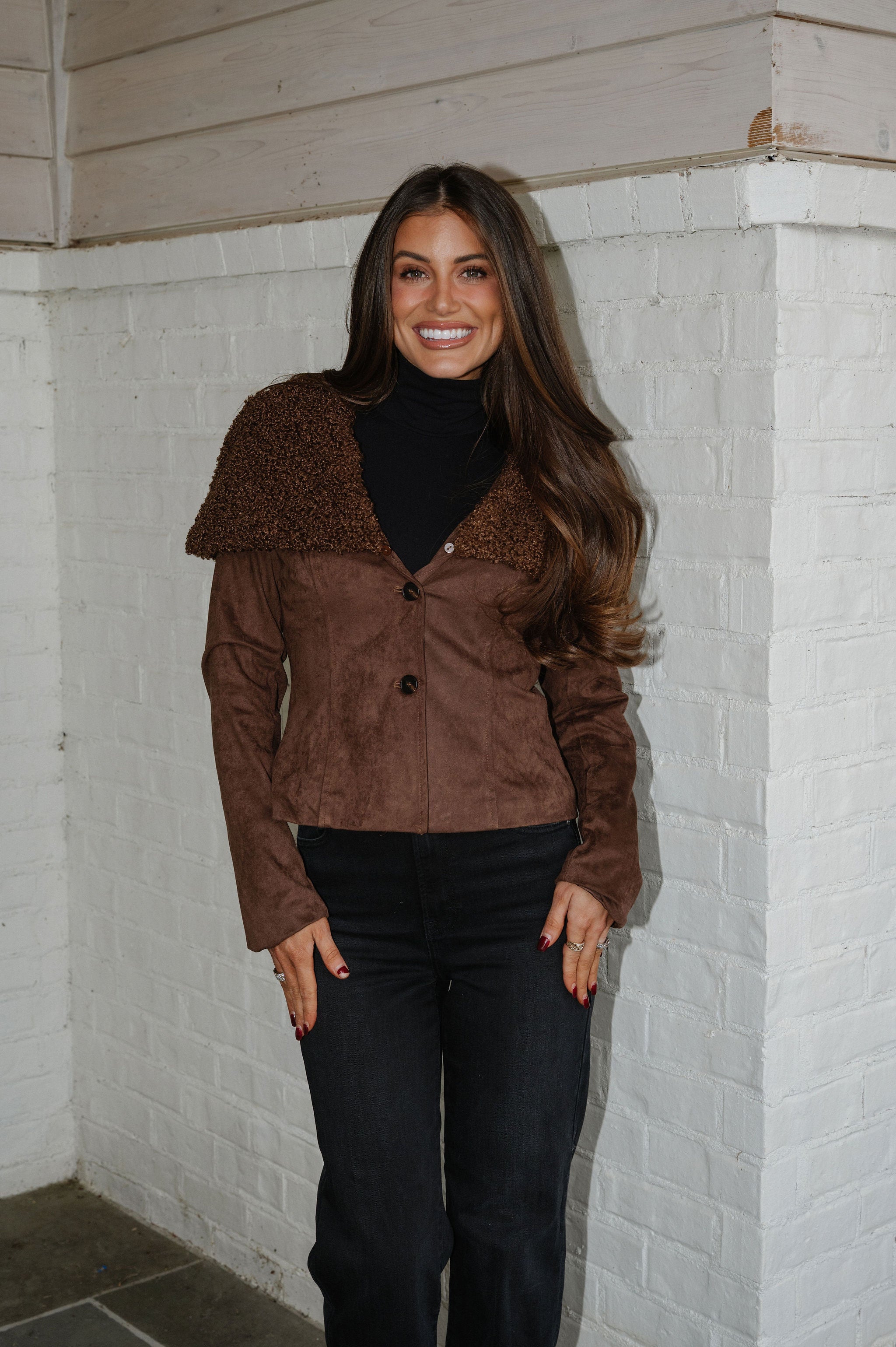 Faux Fur Collar Suede Jacket-Brown
