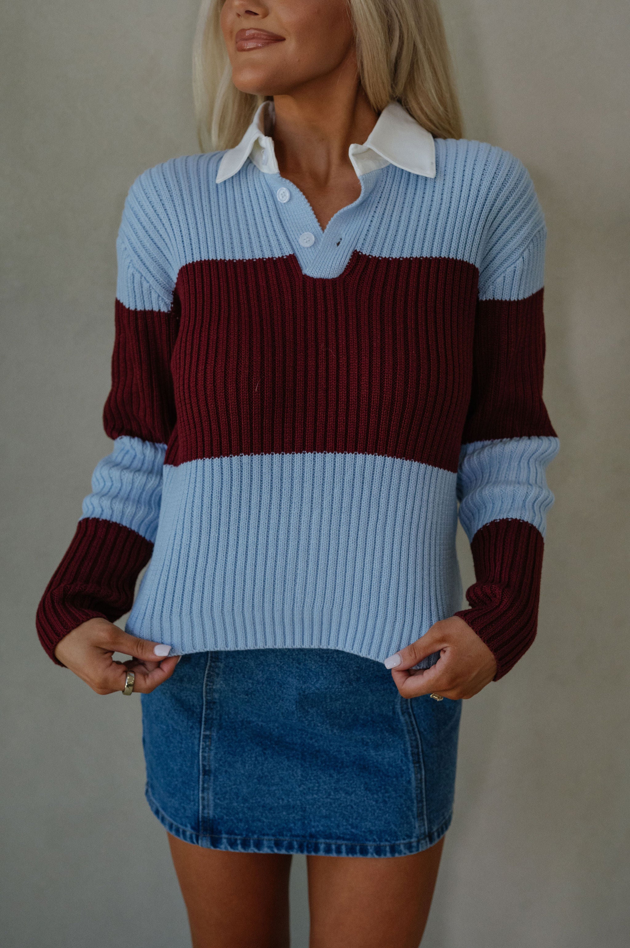 Wide Stripe Collared Sweater- Sky Blue
