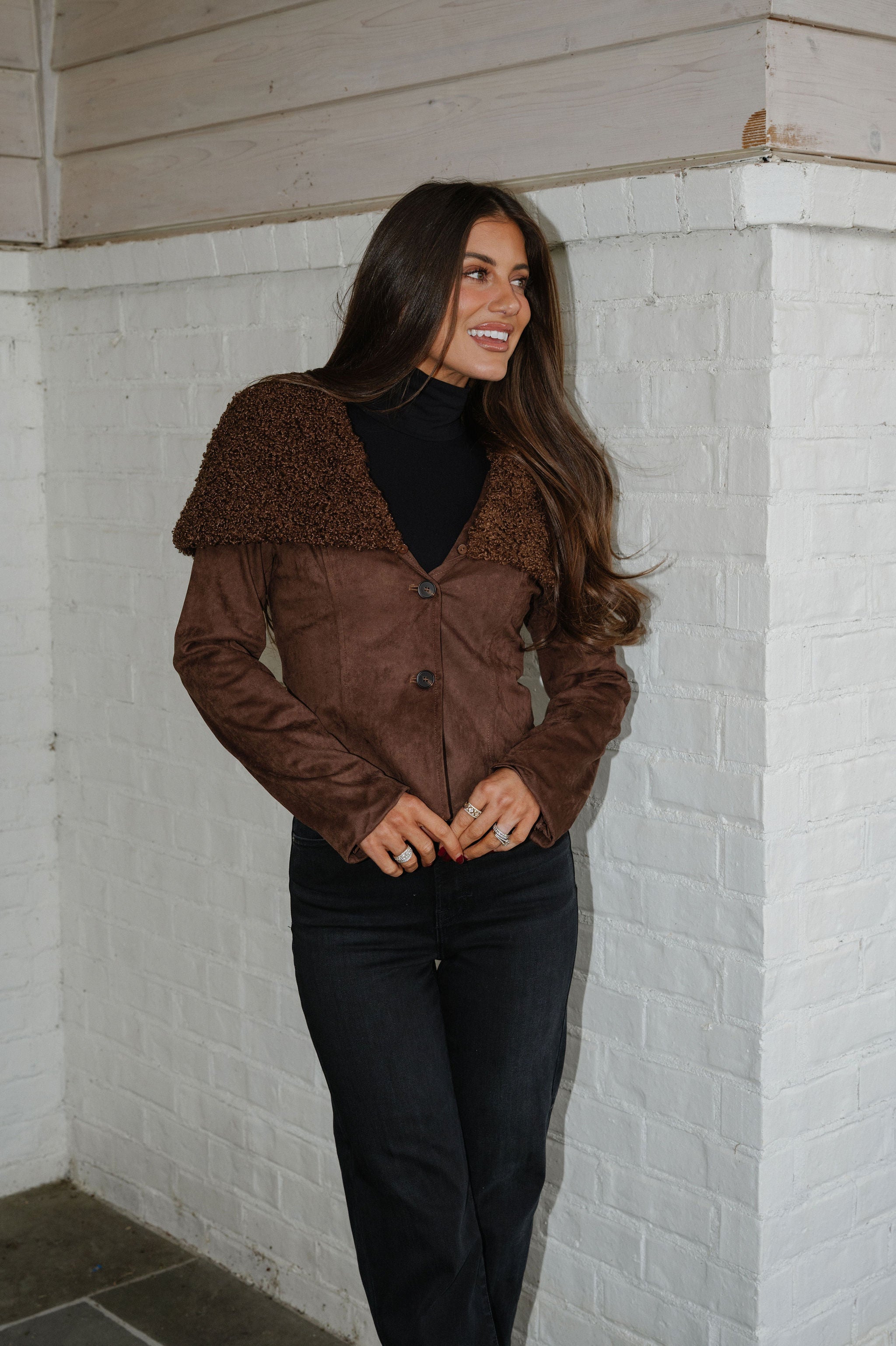 Faux Fur Collar Suede Jacket-Brown