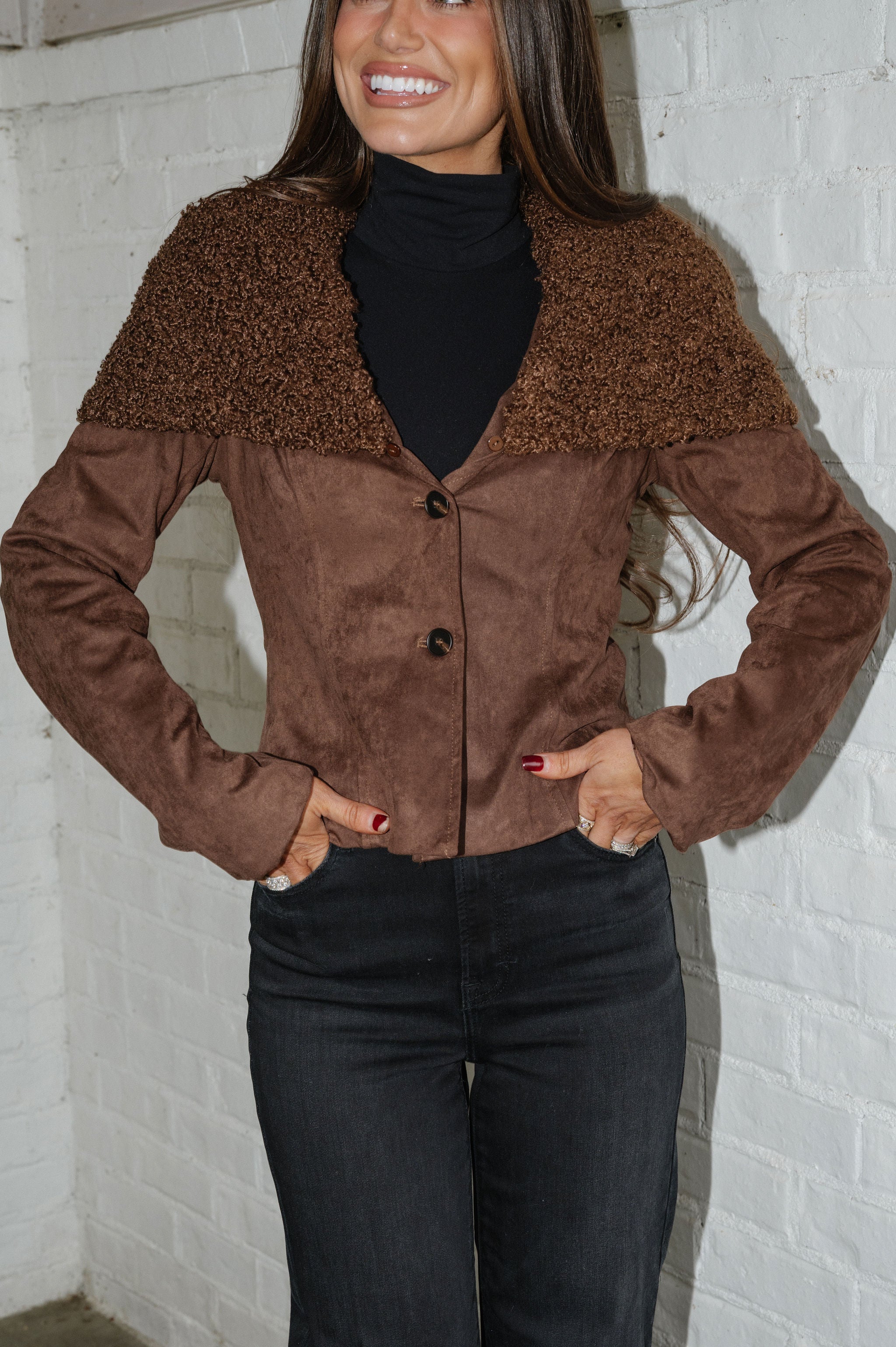 Faux Fur Collar Suede Jacket-Brown