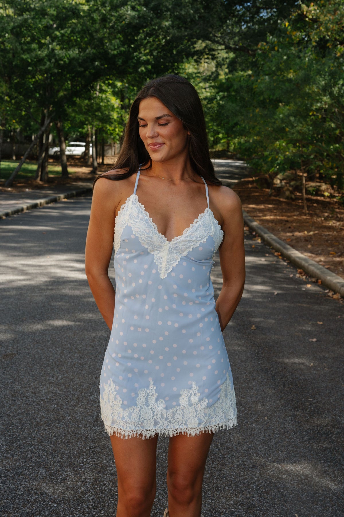Lovely Polka Dot Backless Lace Mini Dress-Baby Blue