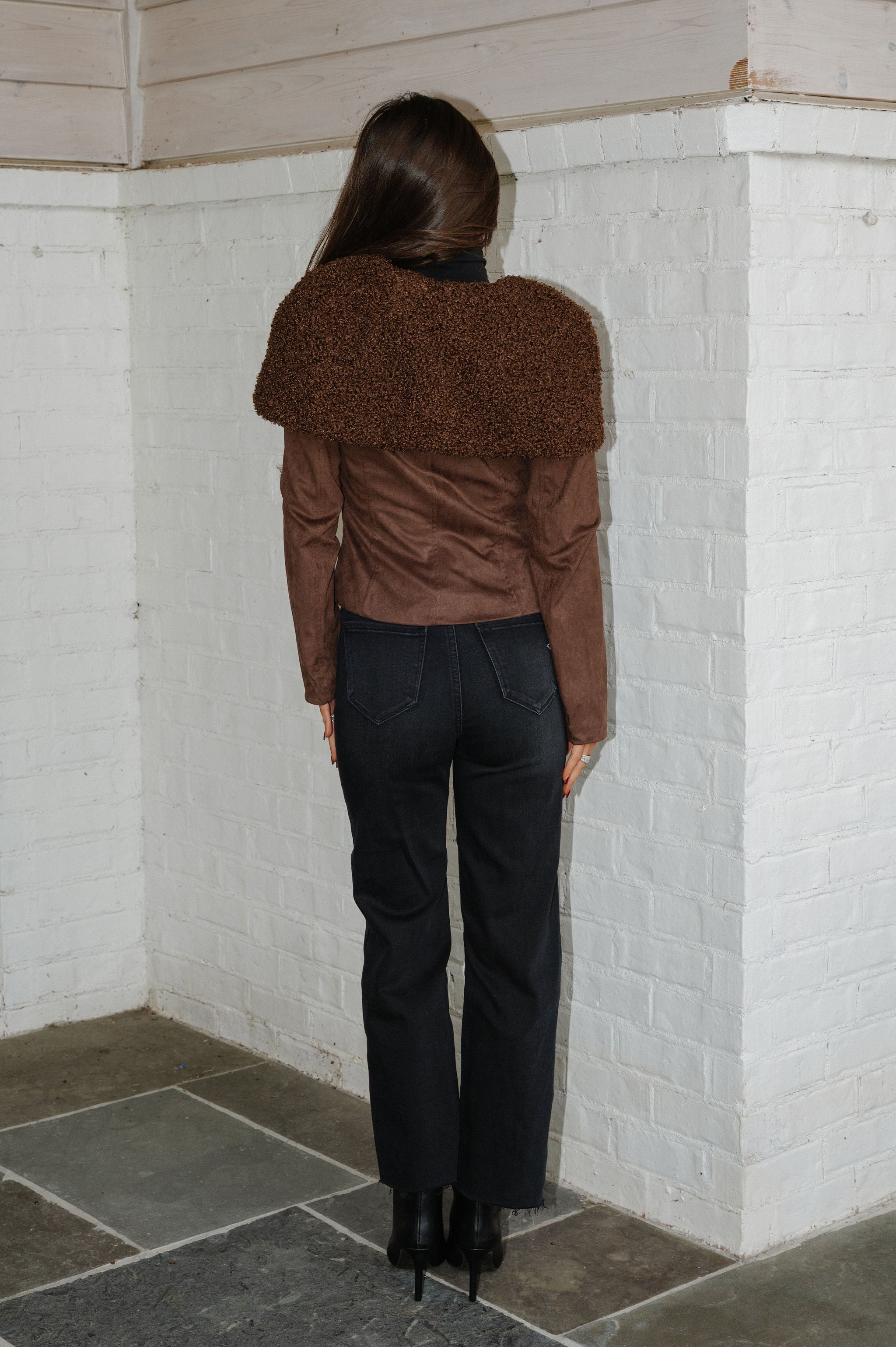 Faux Fur Collar Suede Jacket-Brown