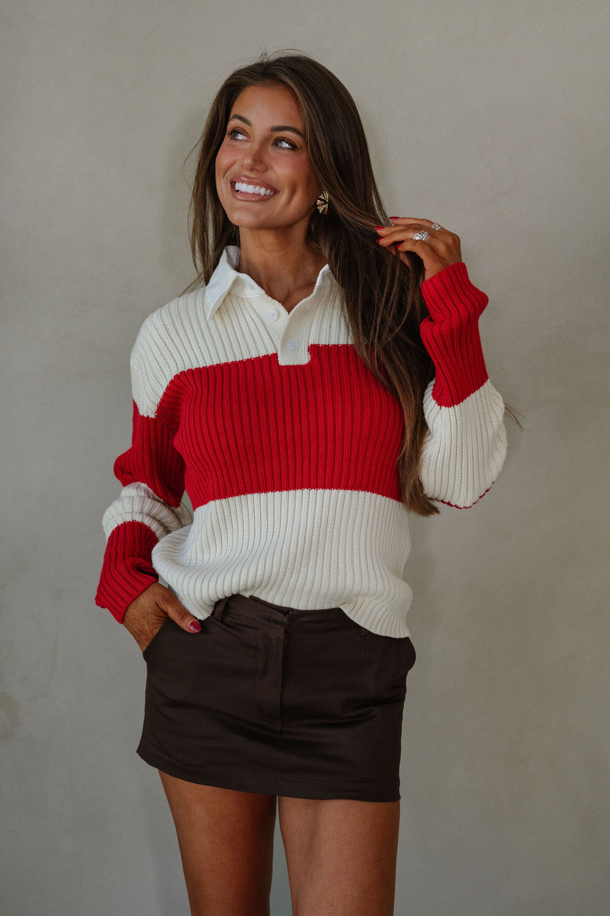 Wide Stripe Collared Sweater- Ivory