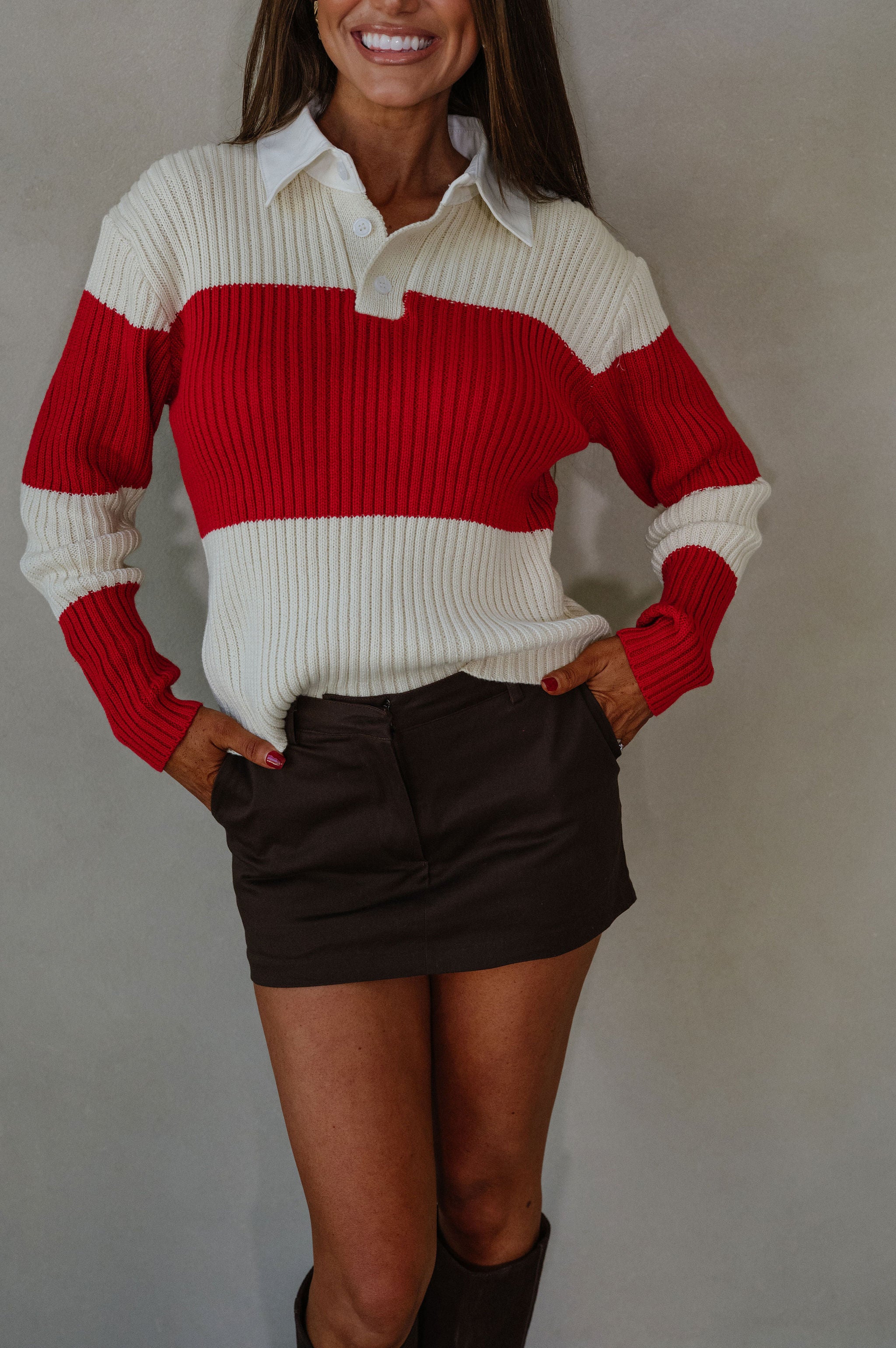 Wide Stripe Collared Sweater- Ivory