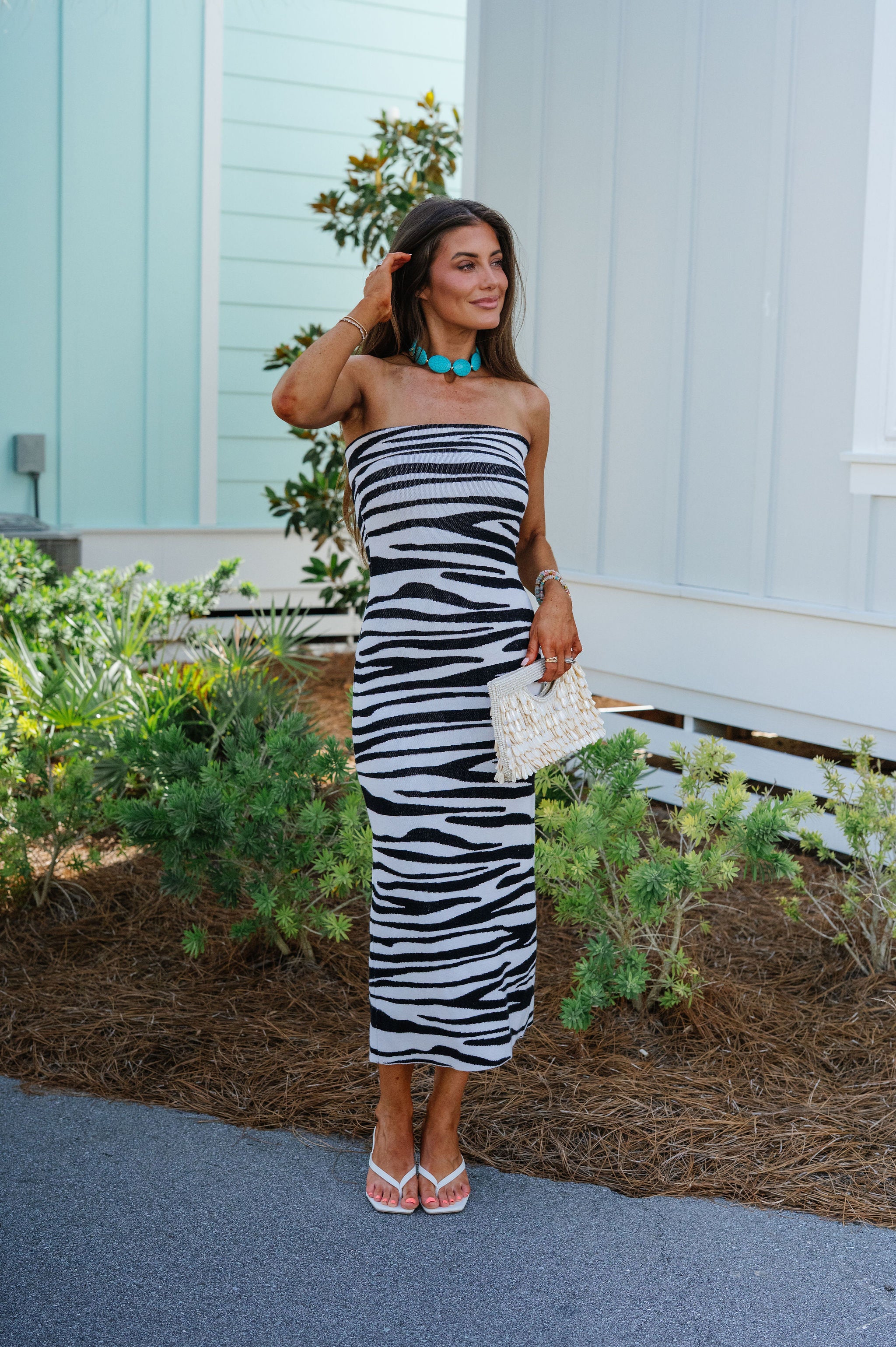 Zebra Sweater Knit Midi Tube Dress-White/Black