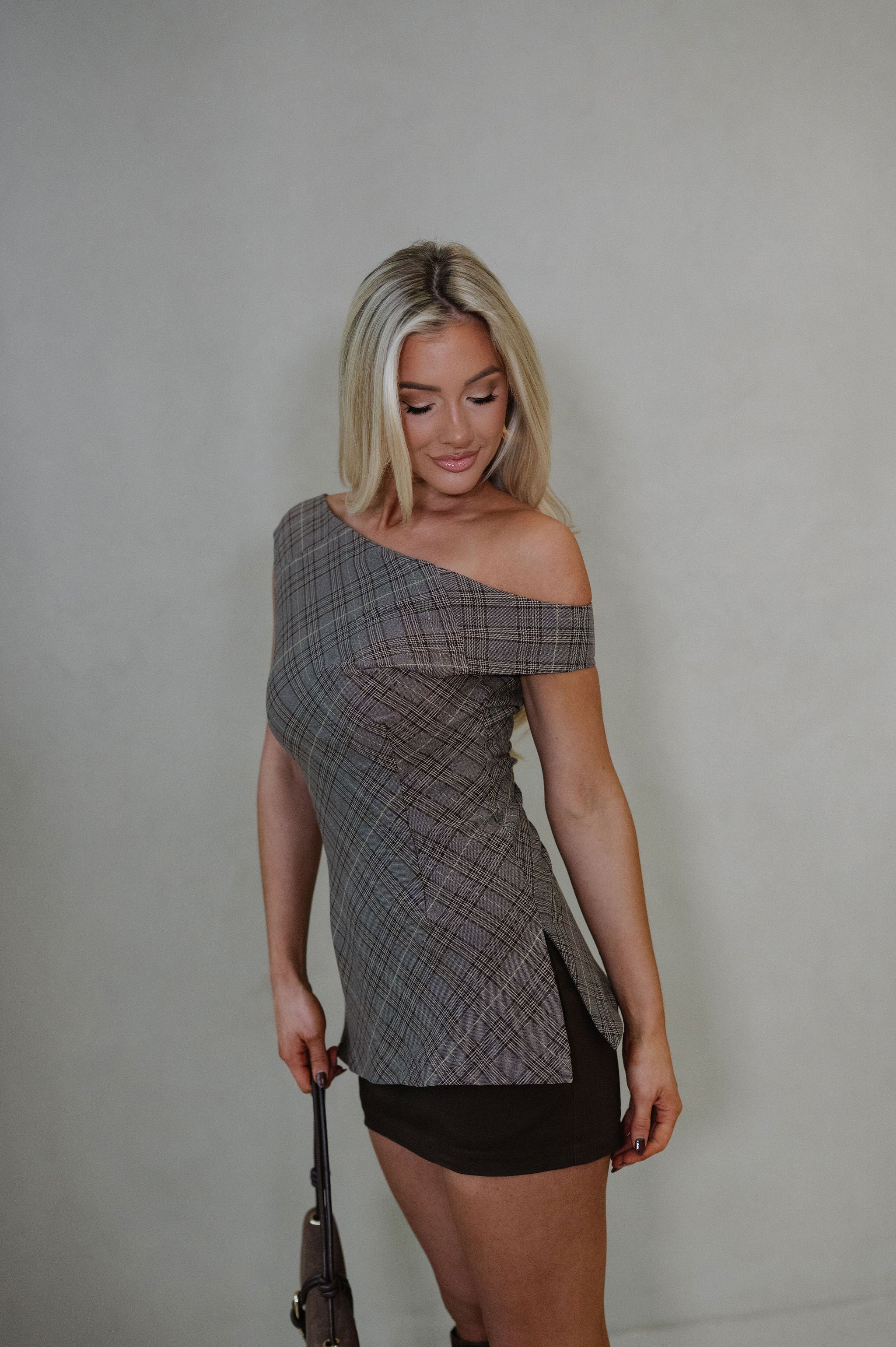 Maci Plaid Top-Brown Taupe