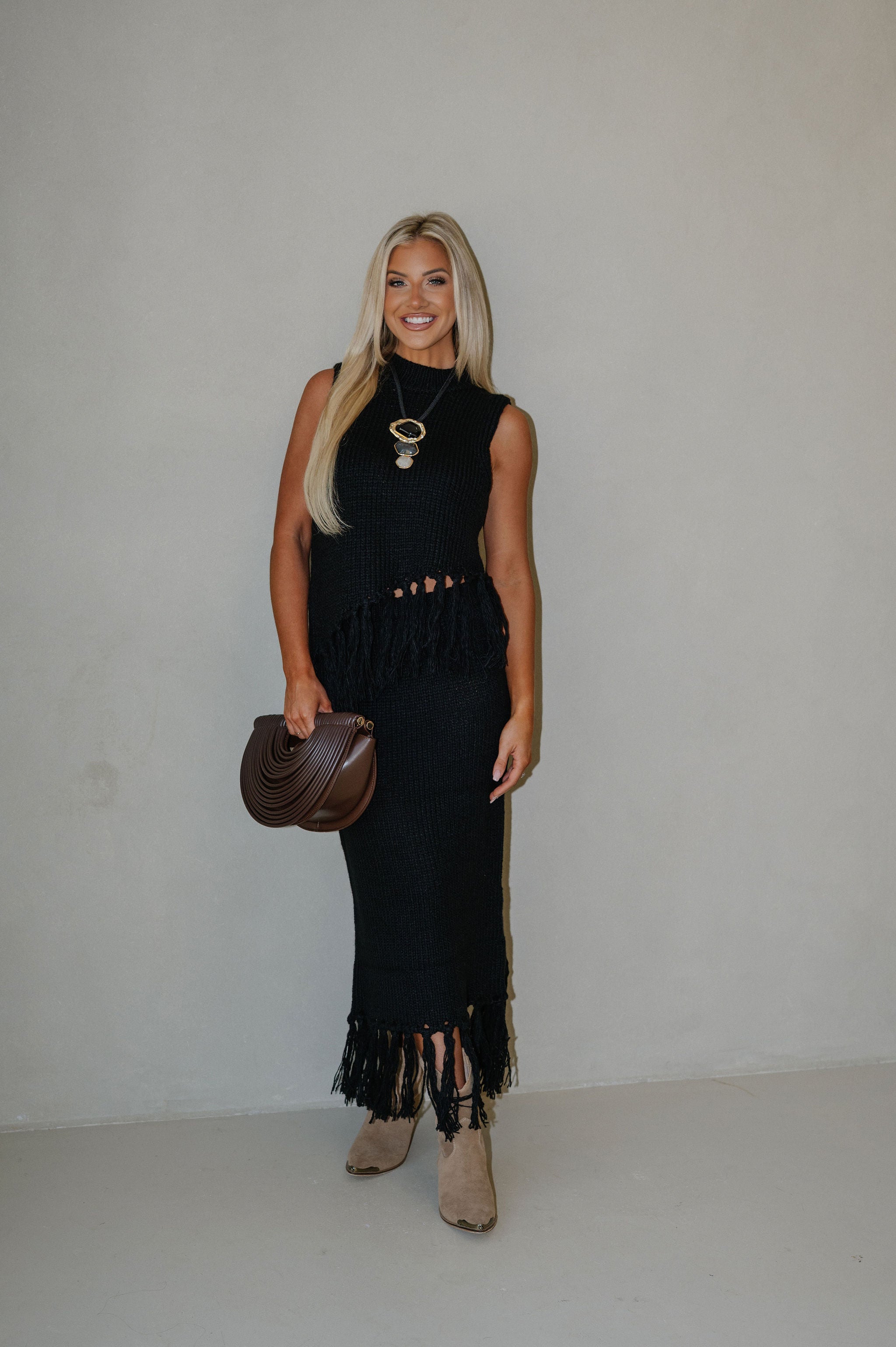 Sweater Knit Fringe Skirt Set-Black