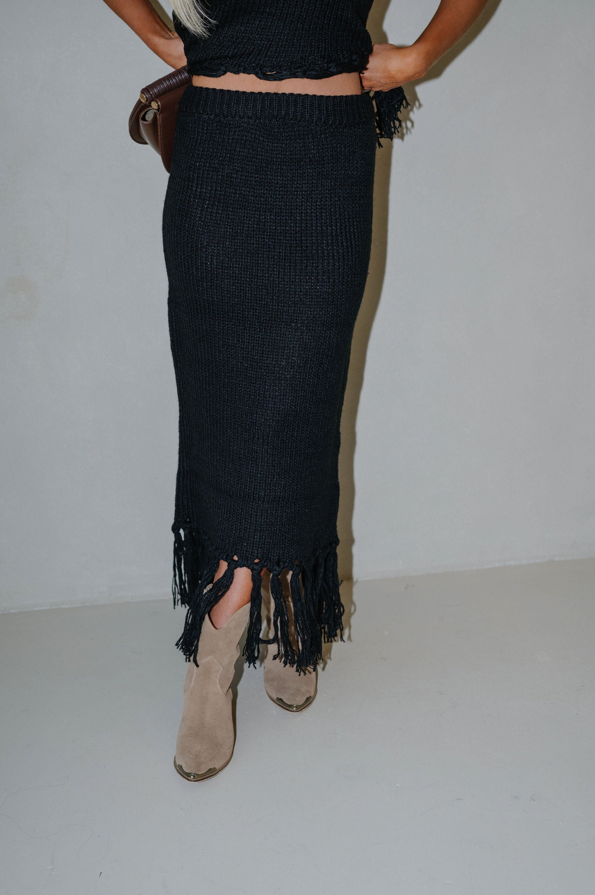 Sweater Knit Fringe Skirt Set-Black