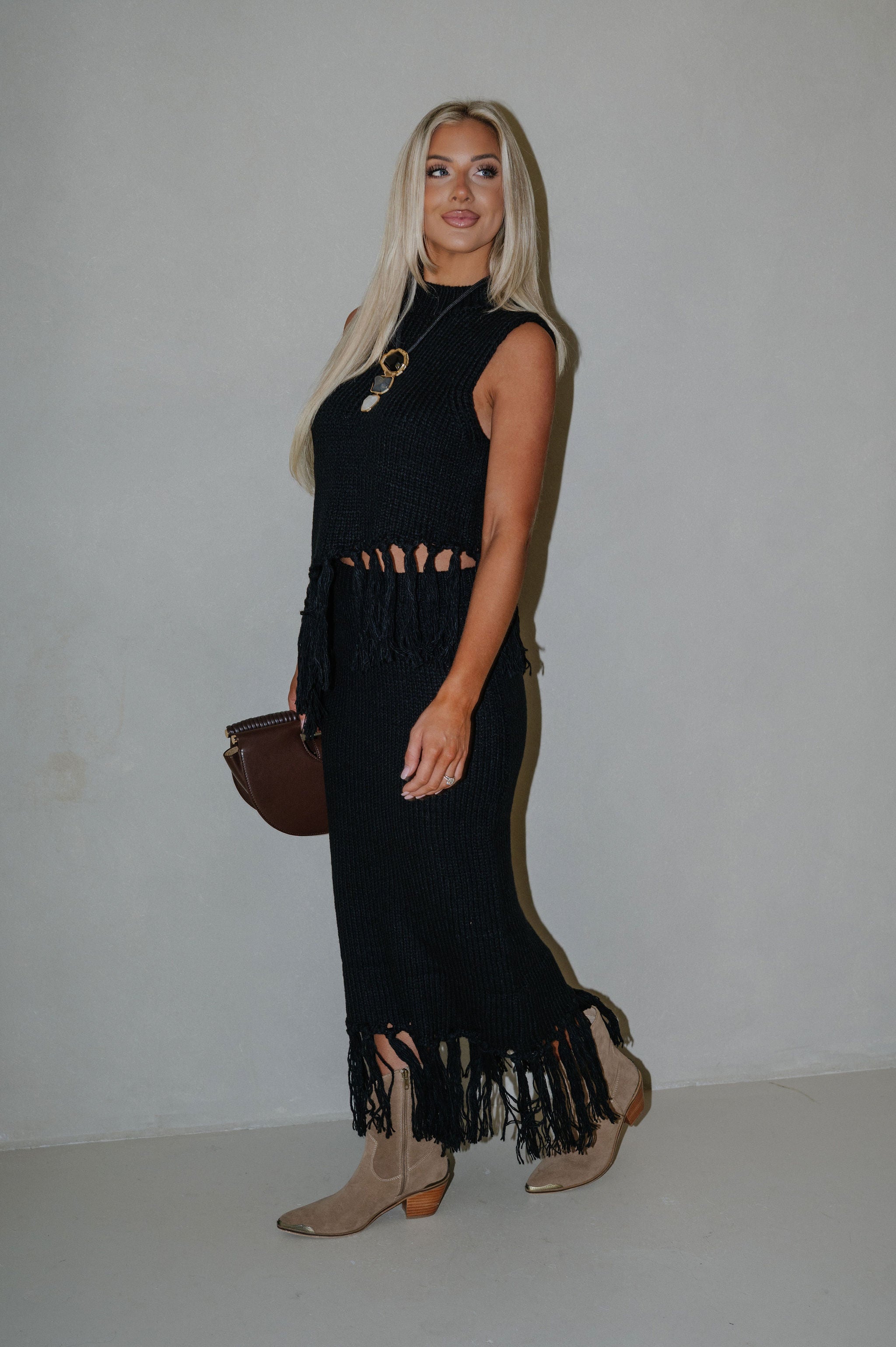 Sweater Knit Fringe Skirt Set-Black
