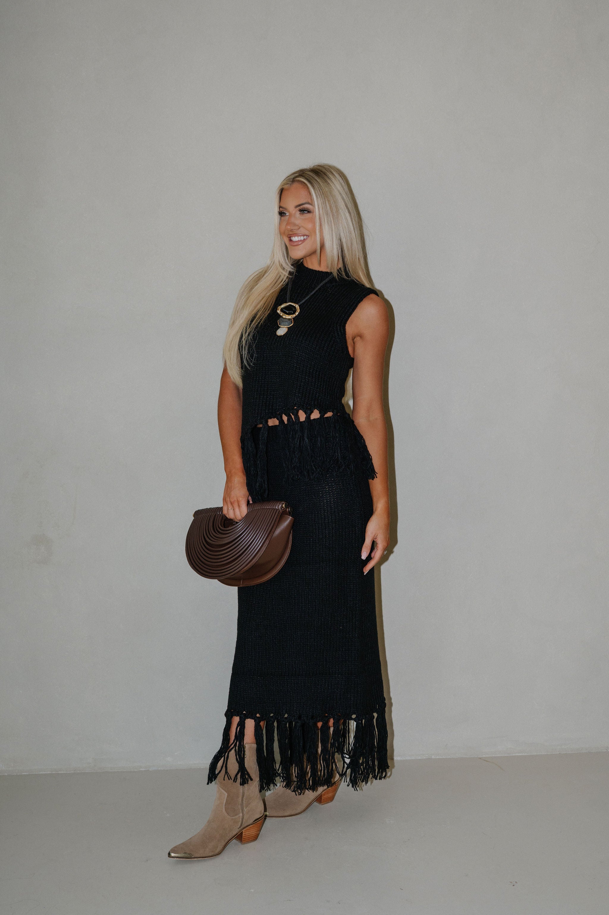 Sweater Knit Fringe Skirt Set-Black