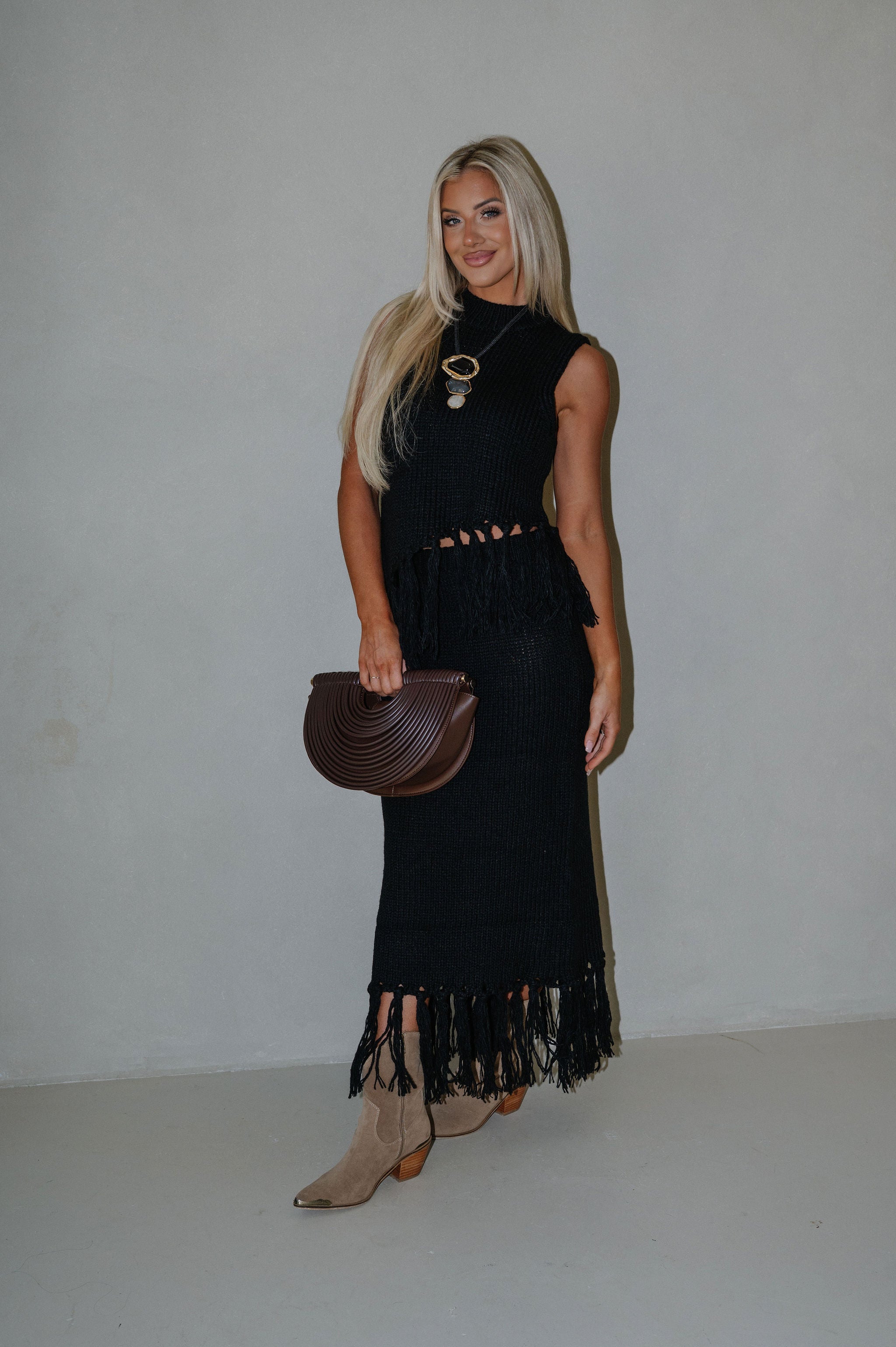Sweater Knit Fringe Skirt Set-Black