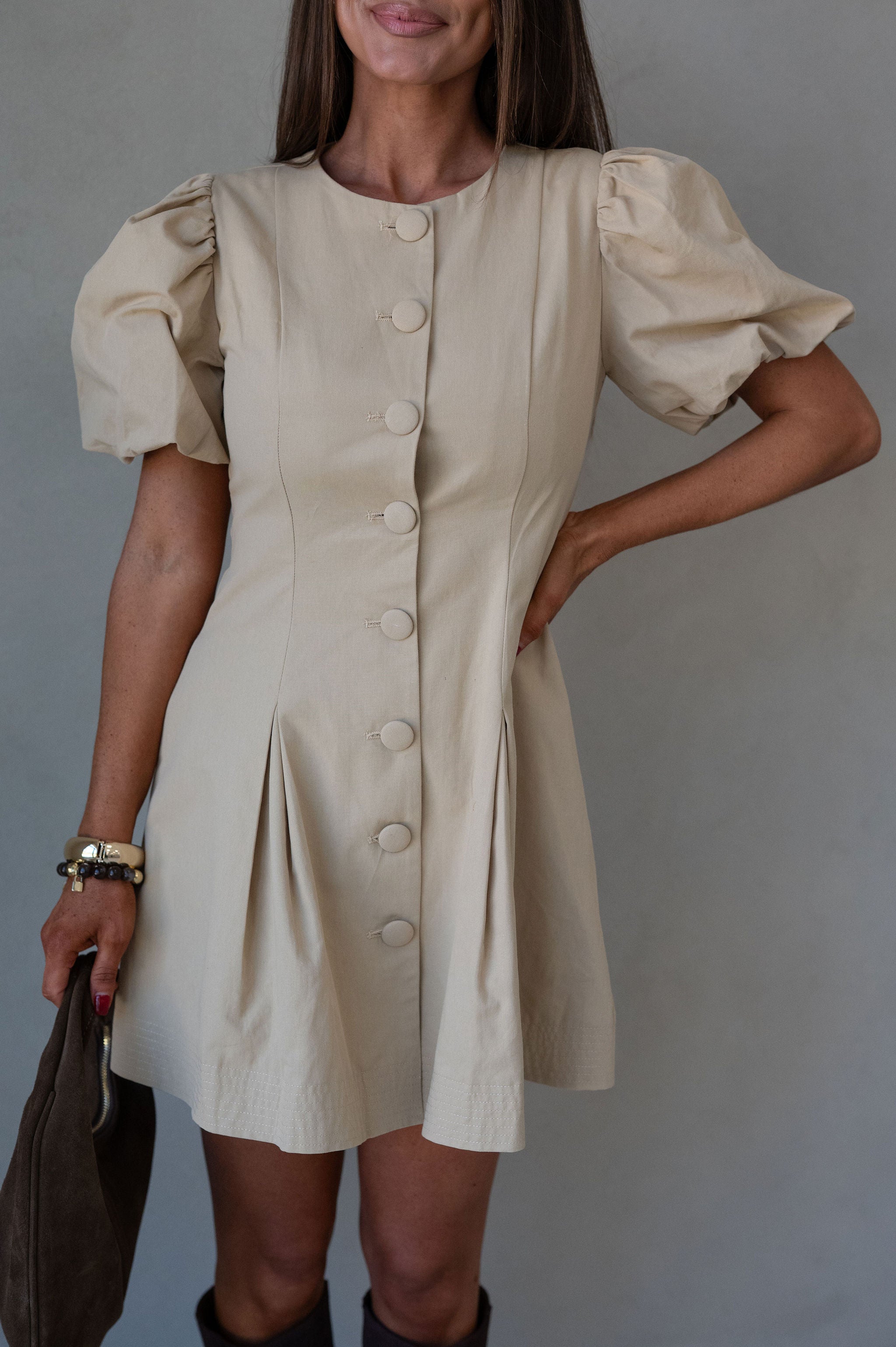 Oakley Puff Sleeve Mini Dress-Beige