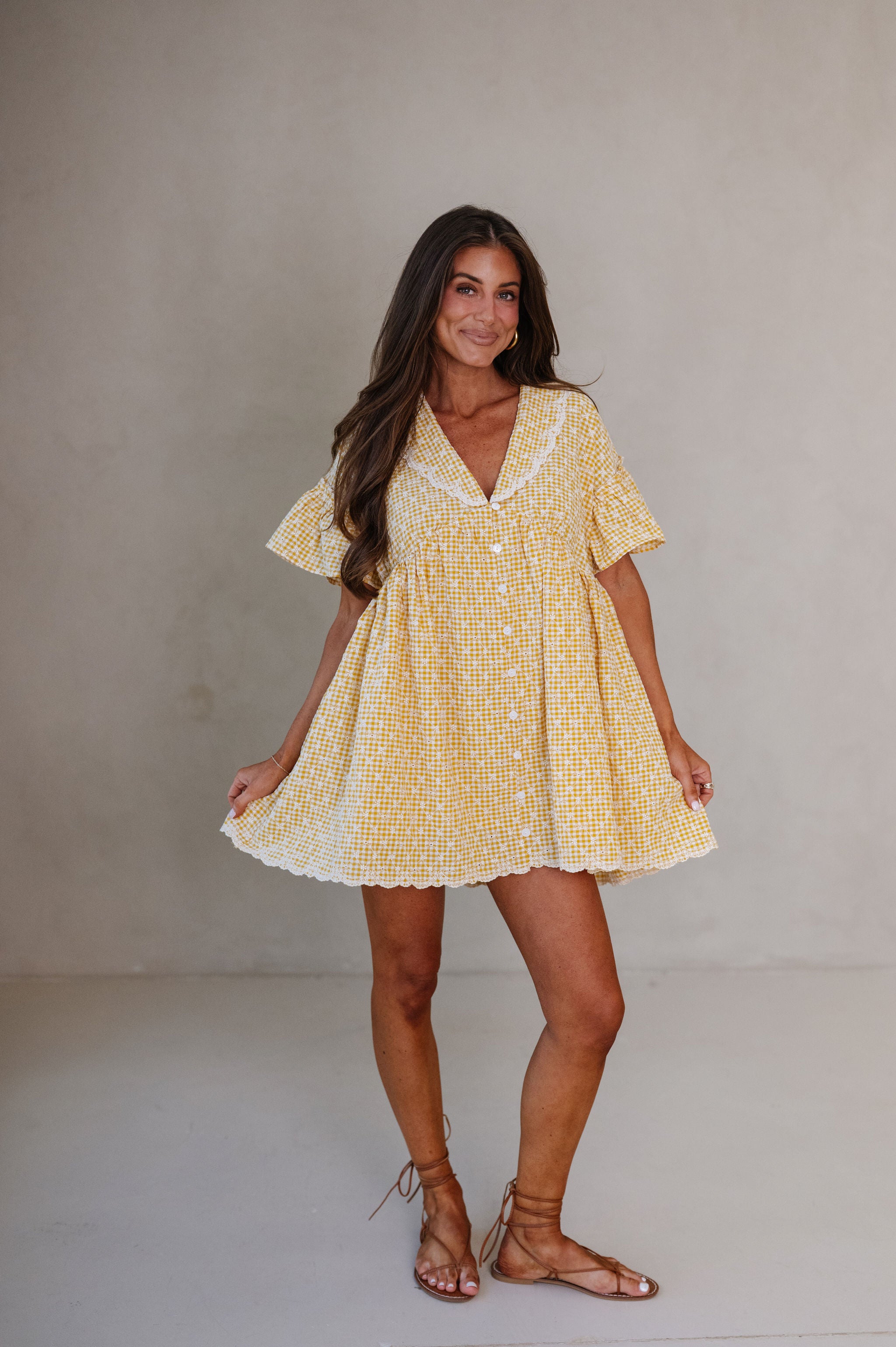 Gingham Embroidered Babydoll Dress