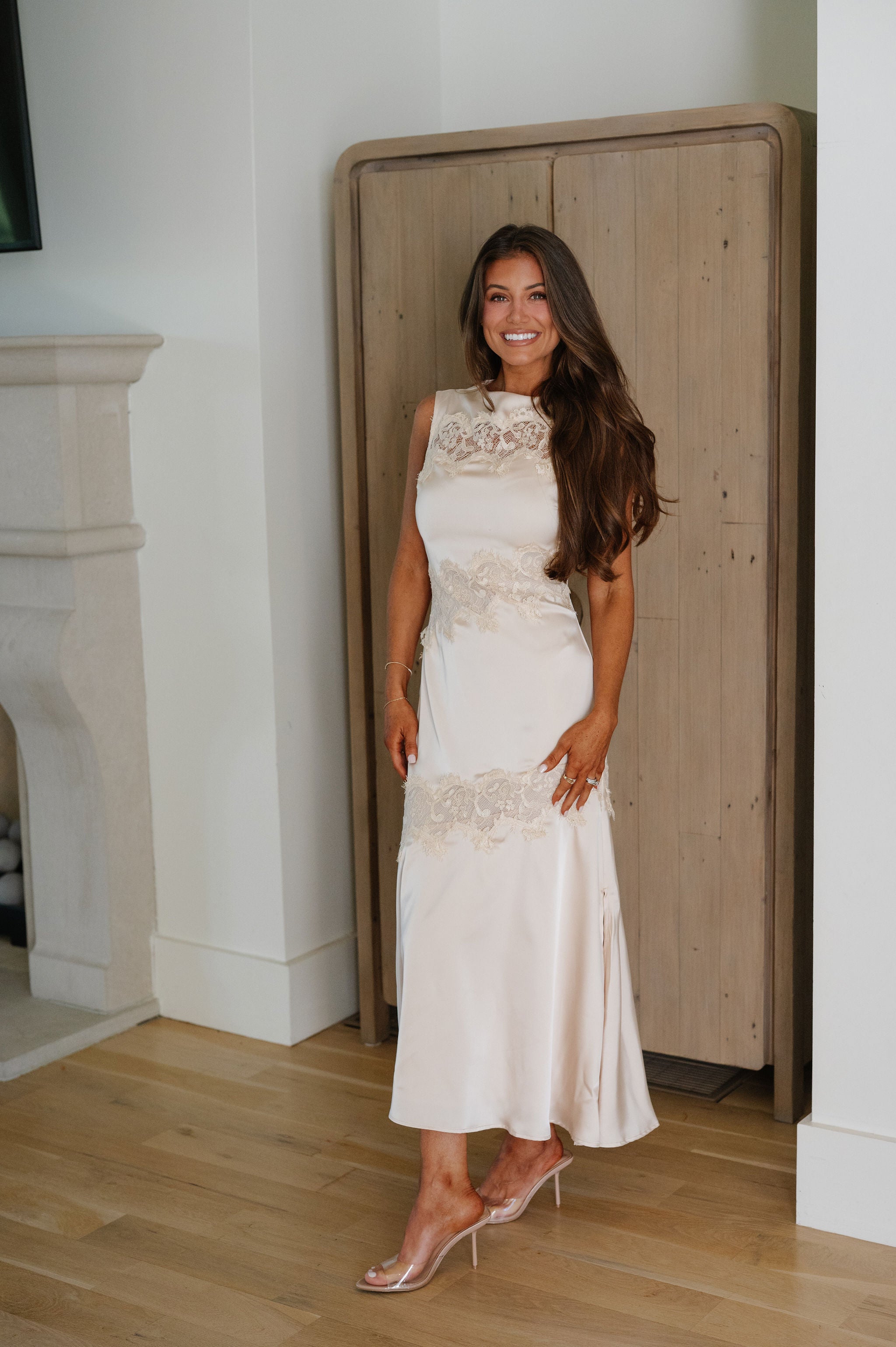 Grace Satin Lace Midi Dress-Champagne