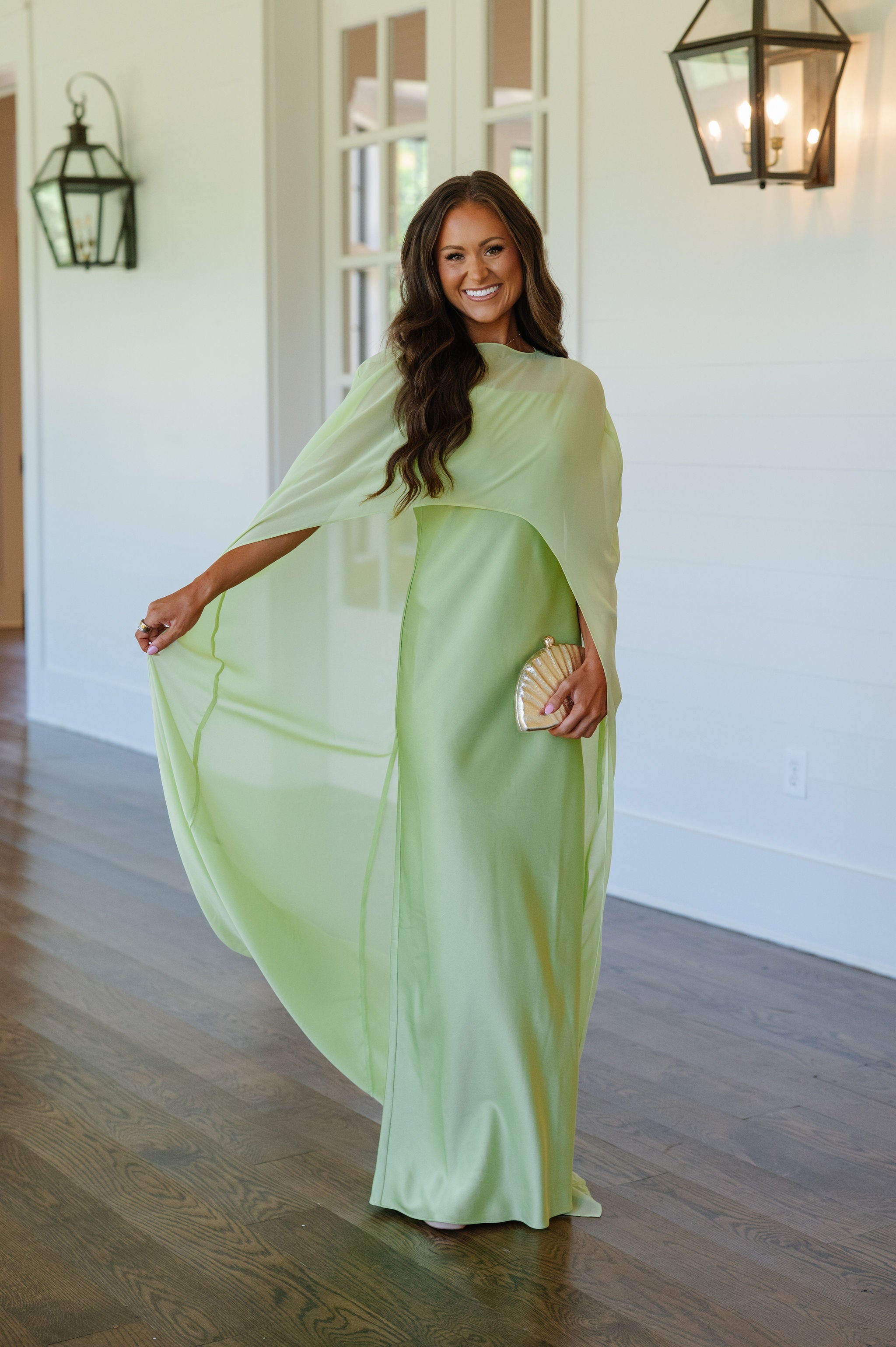 PREORDER//Cape Overlay Satin Maxi Dress-Green//SHIPPING 9/1!