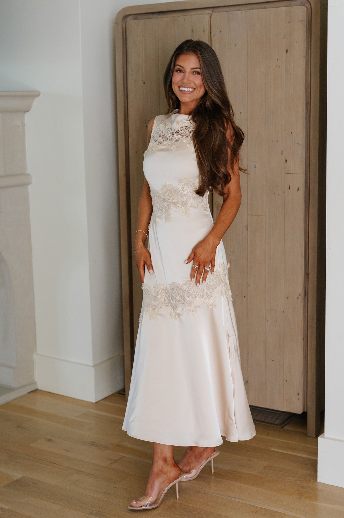 Grace Satin Lace Midi Dress-Champagne